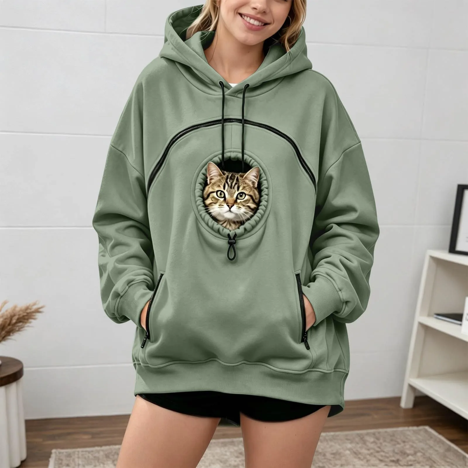 Generico Felpa con Cappuccio Donna Oversize con Tasca Porta Animali, Manica Lunga, Casual Autunno Inverno - immagine 6
