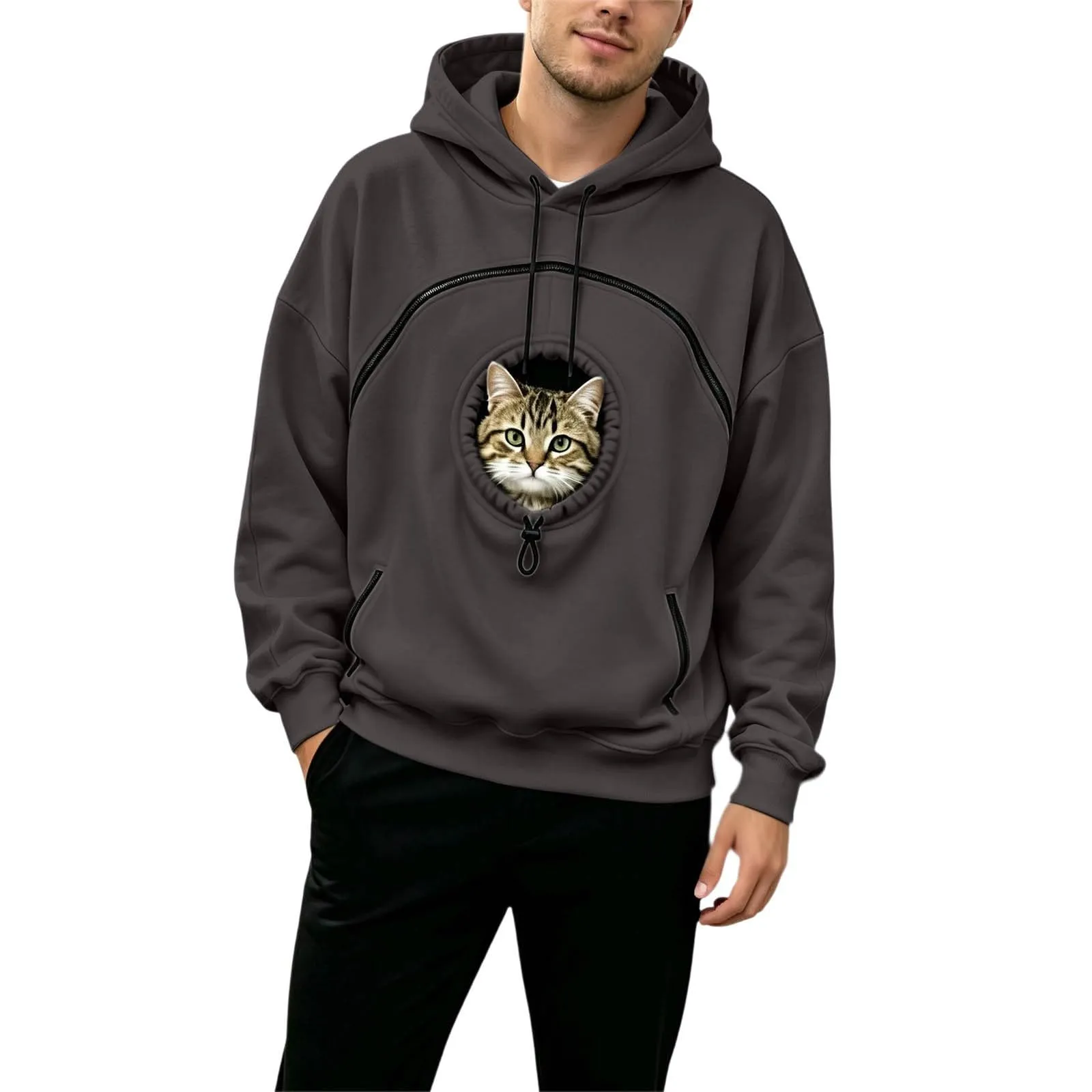 Generico Felpa con Cappuccio Donna Oversize con Tasca per Gatti e Cani, Manica Lunga, Grigio - immagine 4