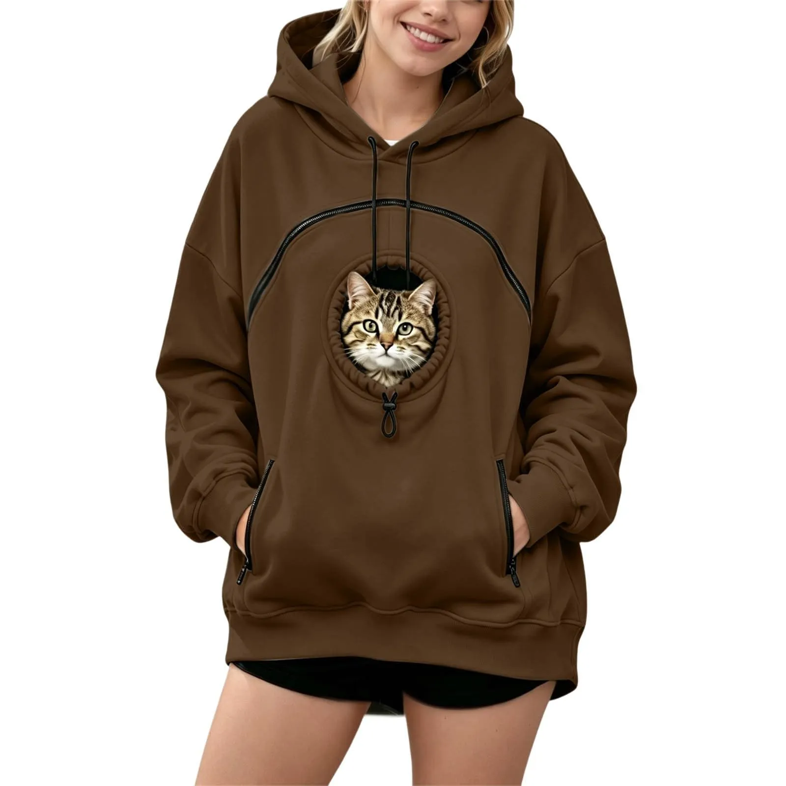 Generico Felpa con Cappuccio Donna Oversize con Tasca per Gatto e Cane, Manica Lunga, Autunno Inverno - immagine 2