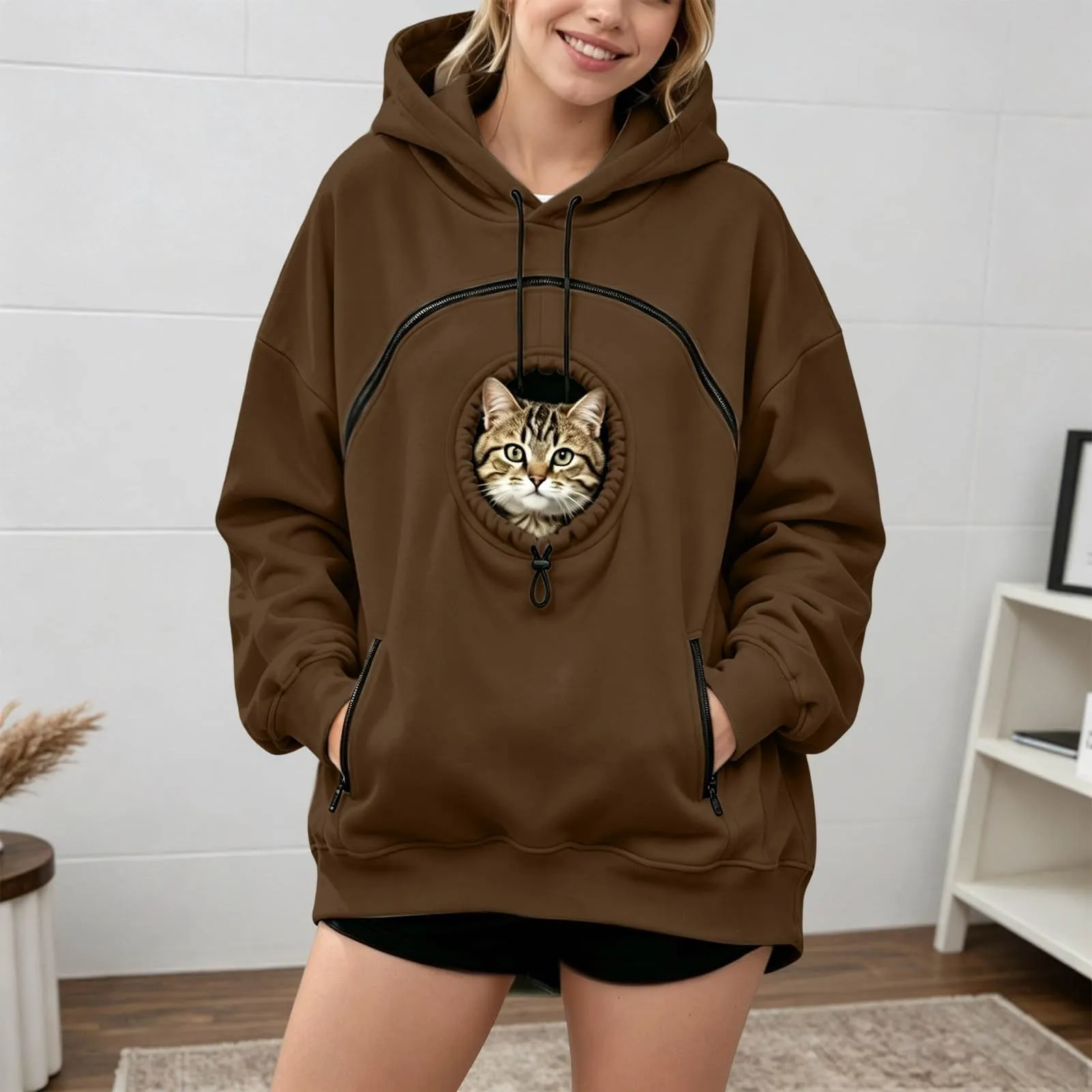 Generico Felpa con Cappuccio Donna Oversize con Tasca per Gatto e Cane, Manica Lunga, Autunno Inverno - immagine 5