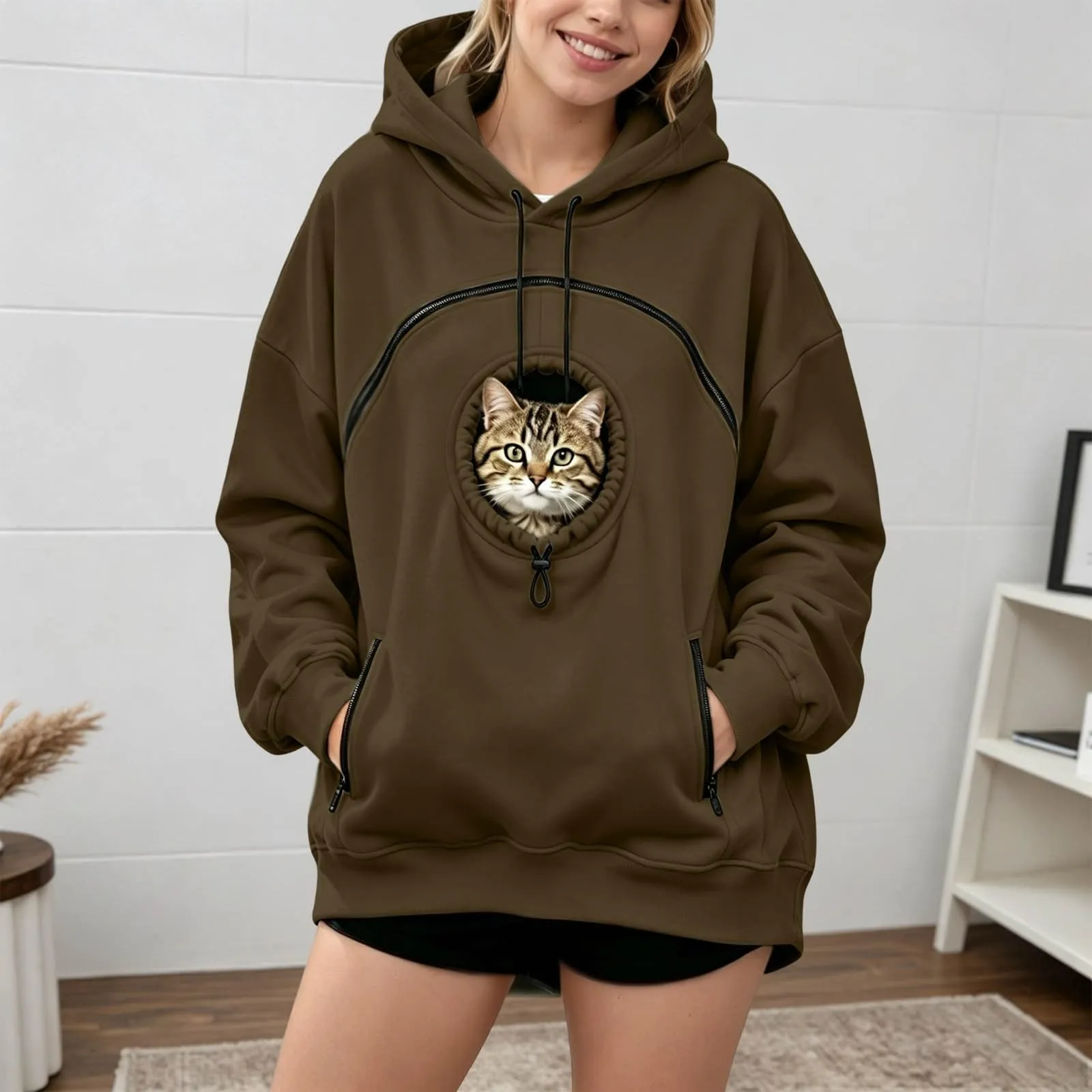Generico Felpa con Cappuccio Donna Oversize con Tasca per Animali, Manica Lunga, Casual Autunno Inverno - immagine 5