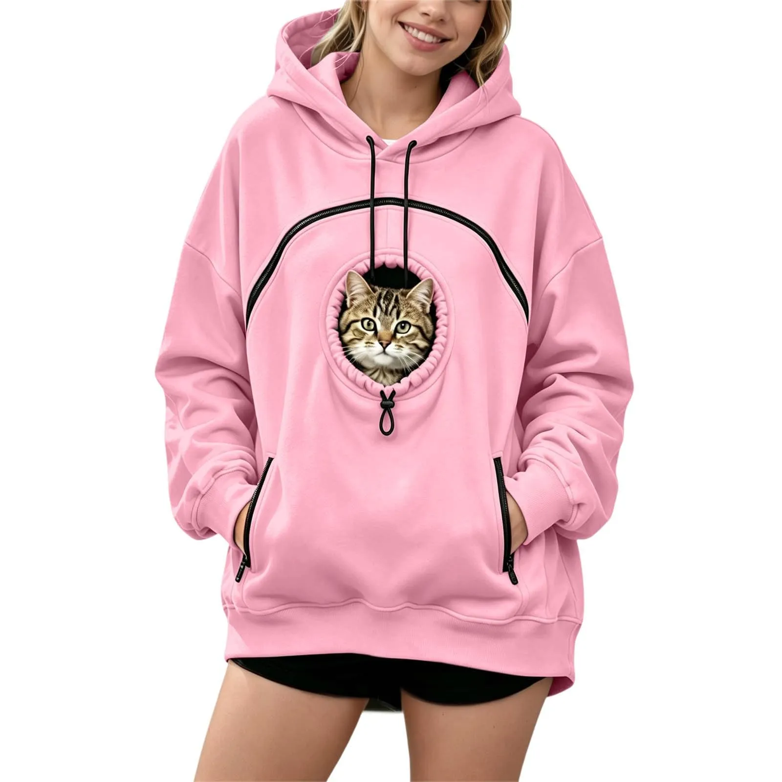 Generico Felpa con Cappuccio Donna Oversize con Tasca per Animali Domestici, Manica Lunga, Autunno Inverno - immagine 2