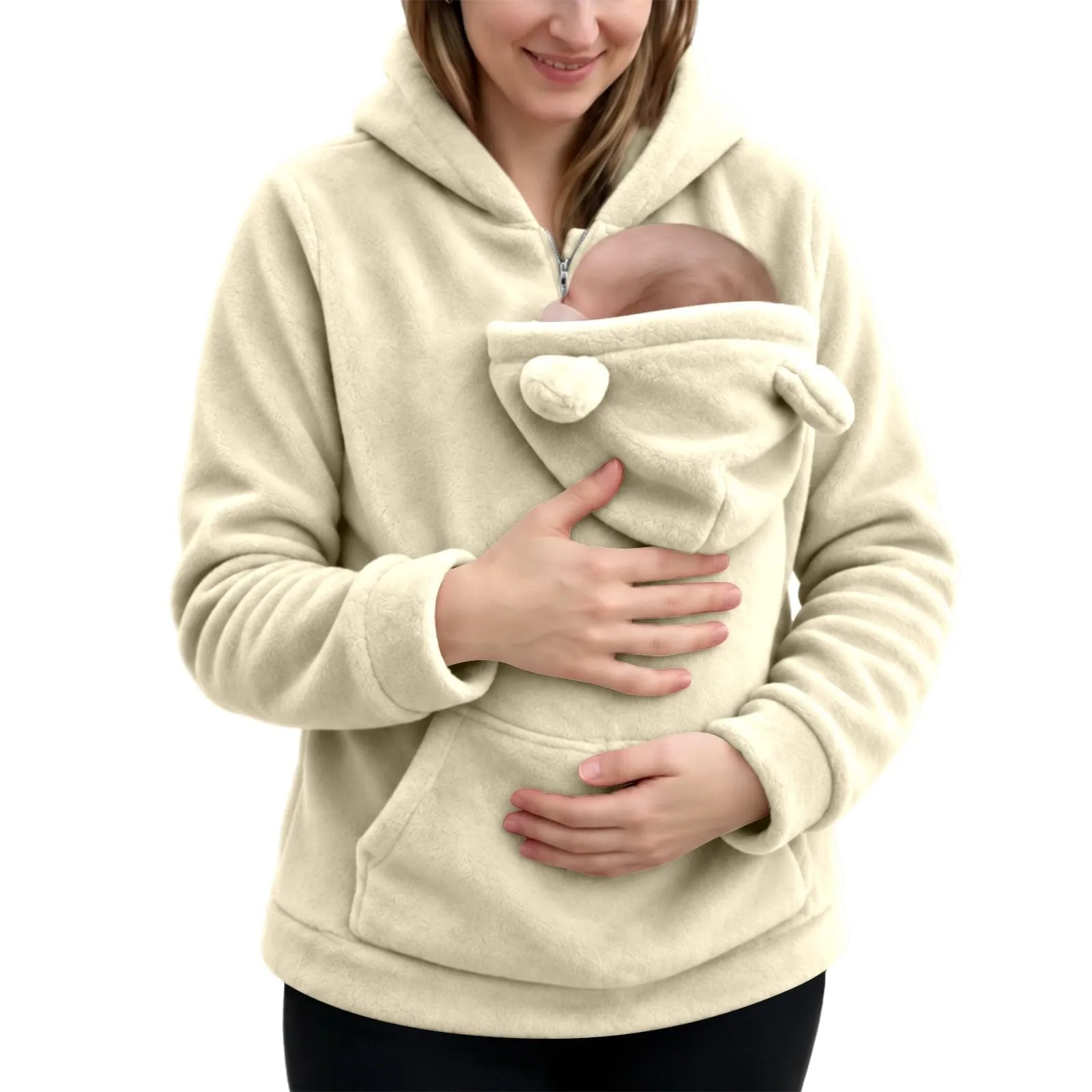 Generico Felpa Premaman Donna con Marsupio Porta Neonato e Cappuccio - immagine 2