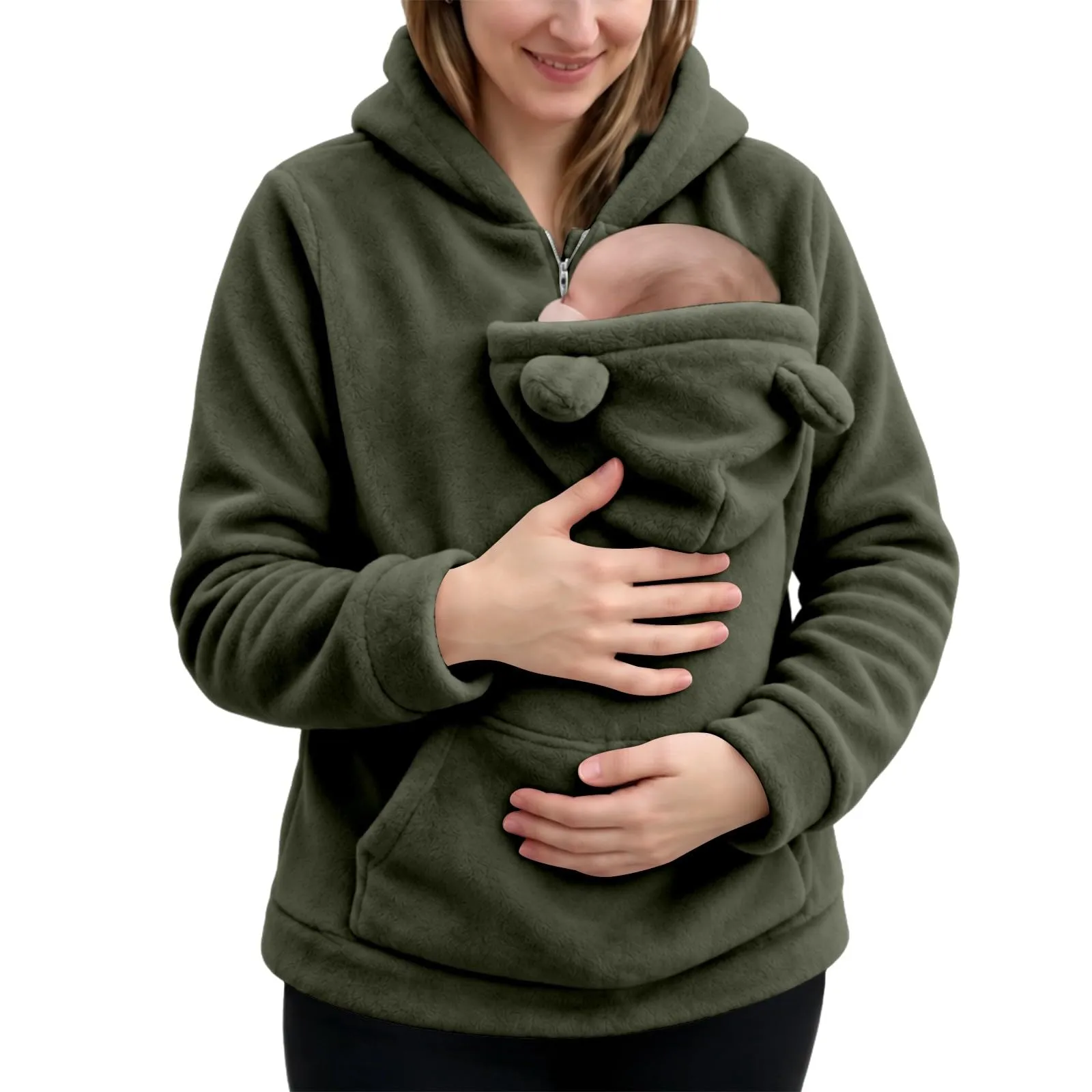 Generico Felpa Premaman Donna con Marsupio Porta Neonato e Cappuccio, Verde Army Green, Taglia L - immagine 2
