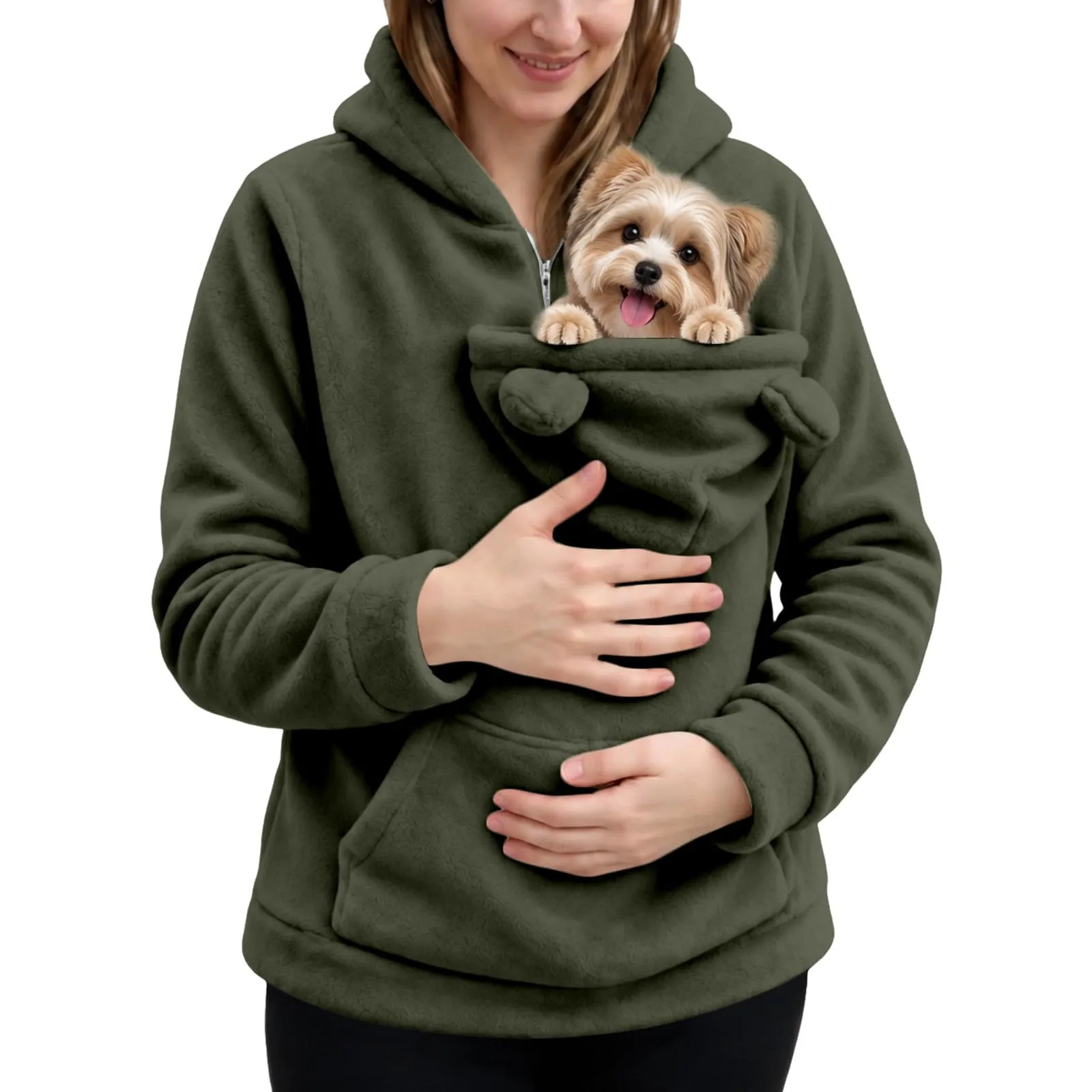 Generico Felpa Premaman Donna con Marsupio Porta Neonato e Cappuccio, Verde Army Green, Taglia L - immagine 4