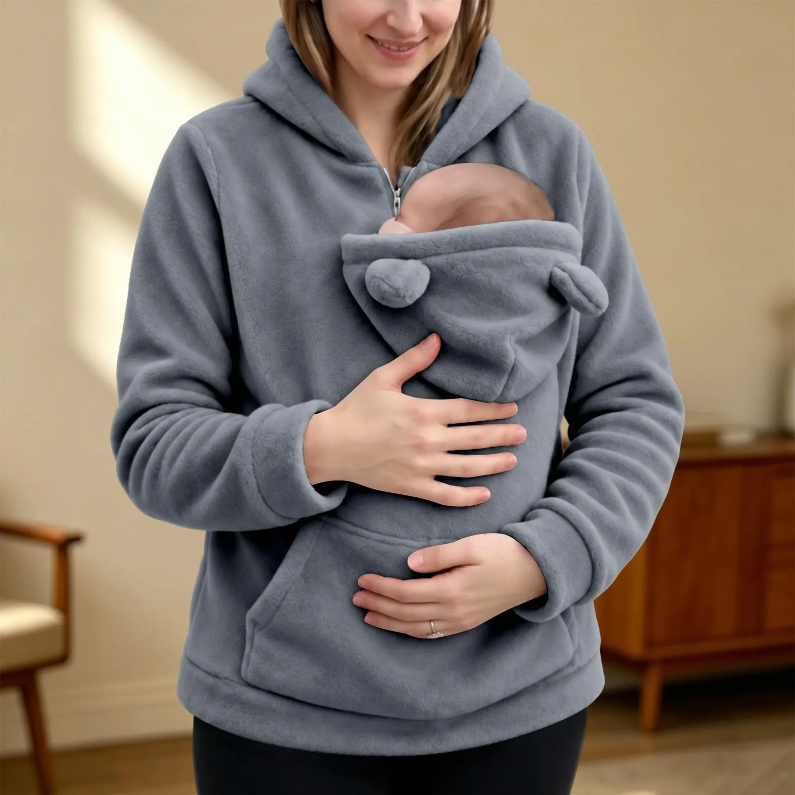 Generico Felpa Premaman Donna con Marsupio Porta Neonato e Cappuccio - immagine 2