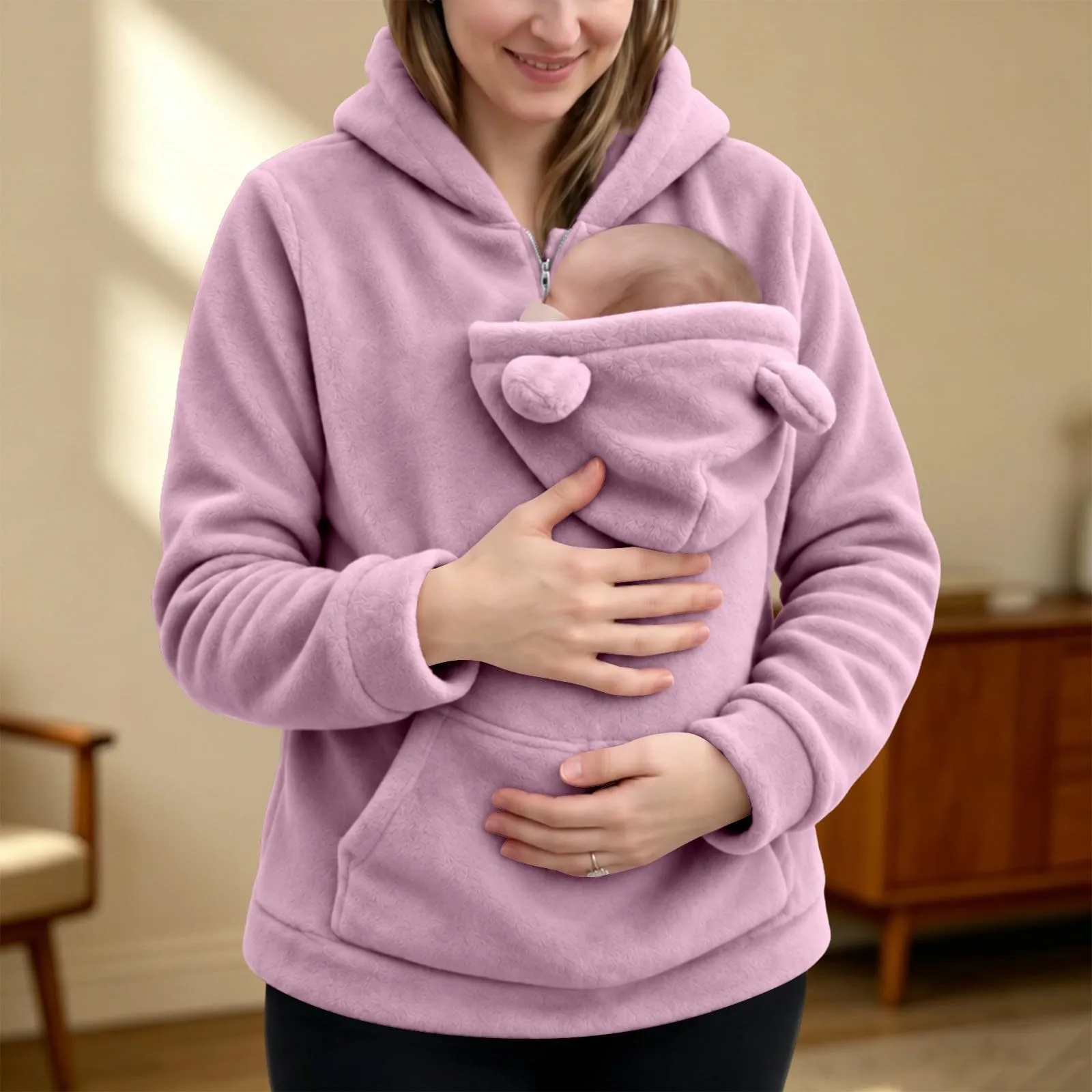 Generico Felpa Premaman Donna con Marsupio Porta Neonato e Cappuccio - immagine 3