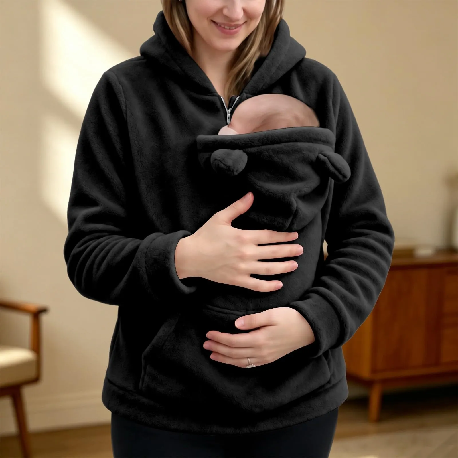 Generico Felpa Premaman Donna con Marsupio Porta Neonato e Cappuccio - immagine 3