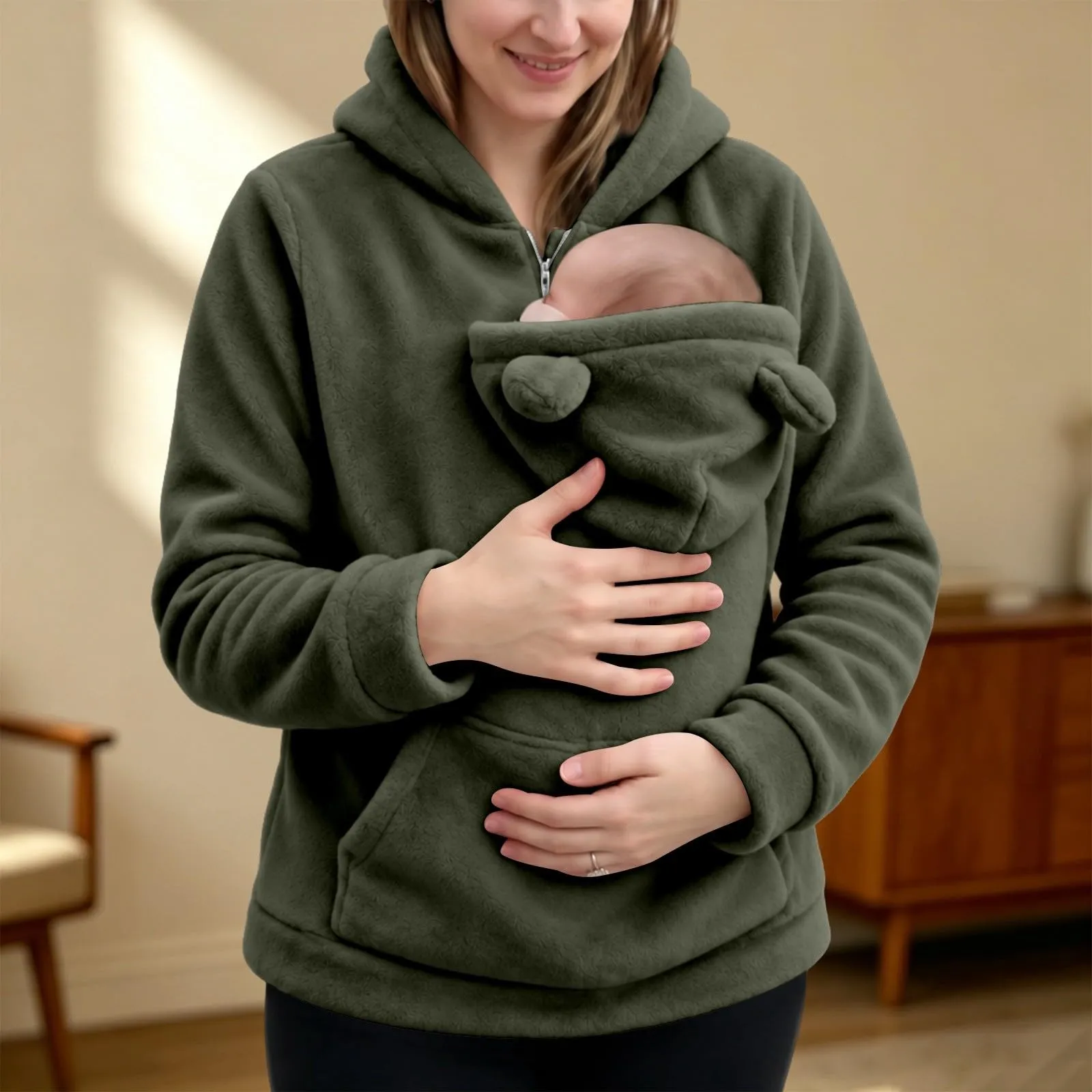 Generico Felpa Premaman Donna con Marsupio Porta Neonato e Cappuccio - immagine 3
