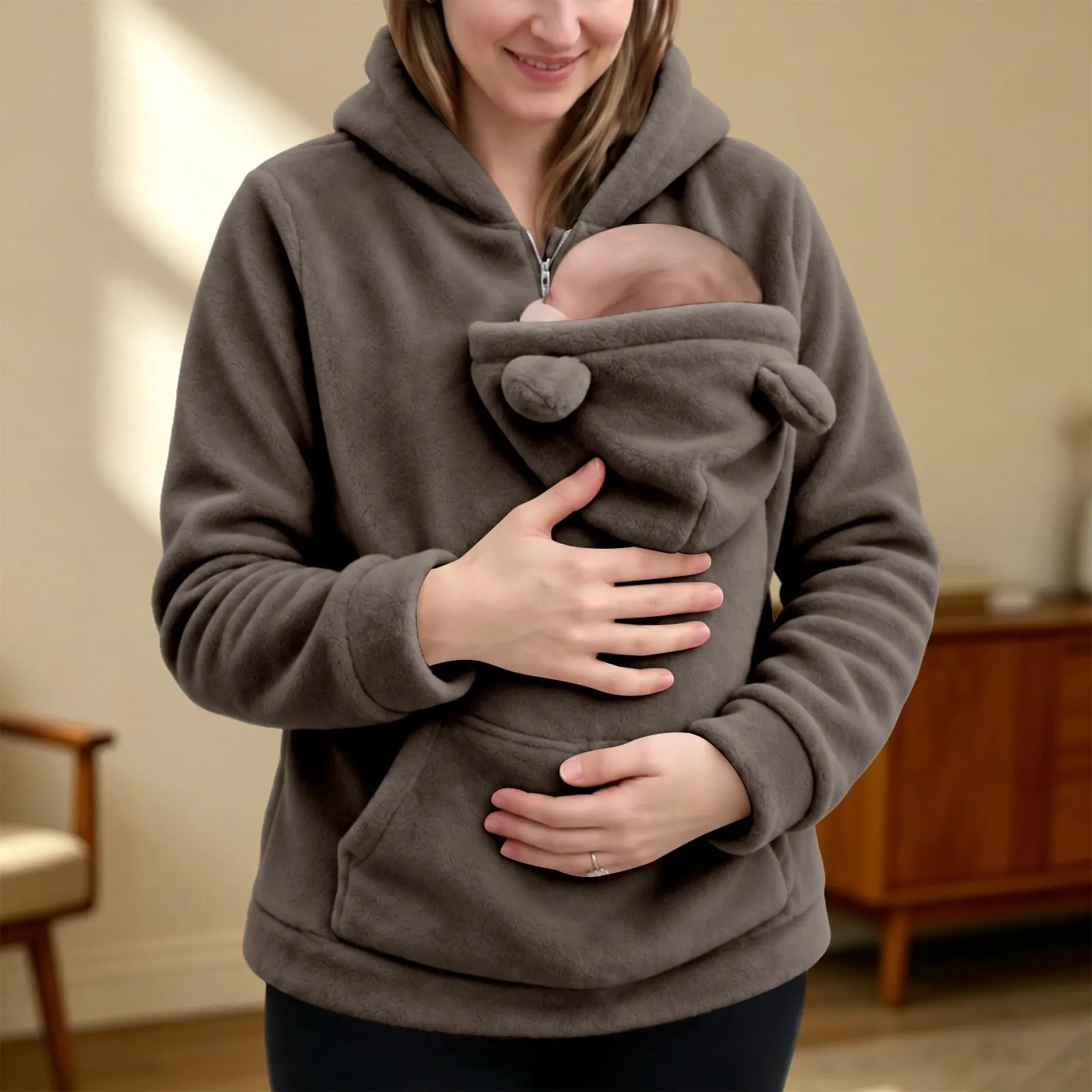 Generico Felpa Premaman Donna con Marsupio Porta Neonato e Cappuccio - immagine 3