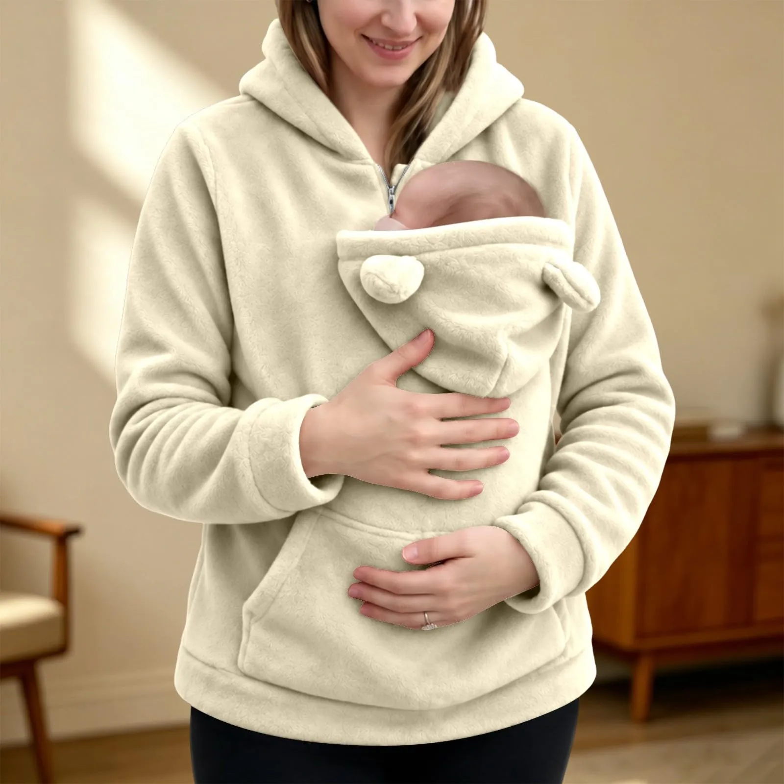Generico Felpa Premaman con Marsupio Porta Neonato e Cappuccio - immagine 3