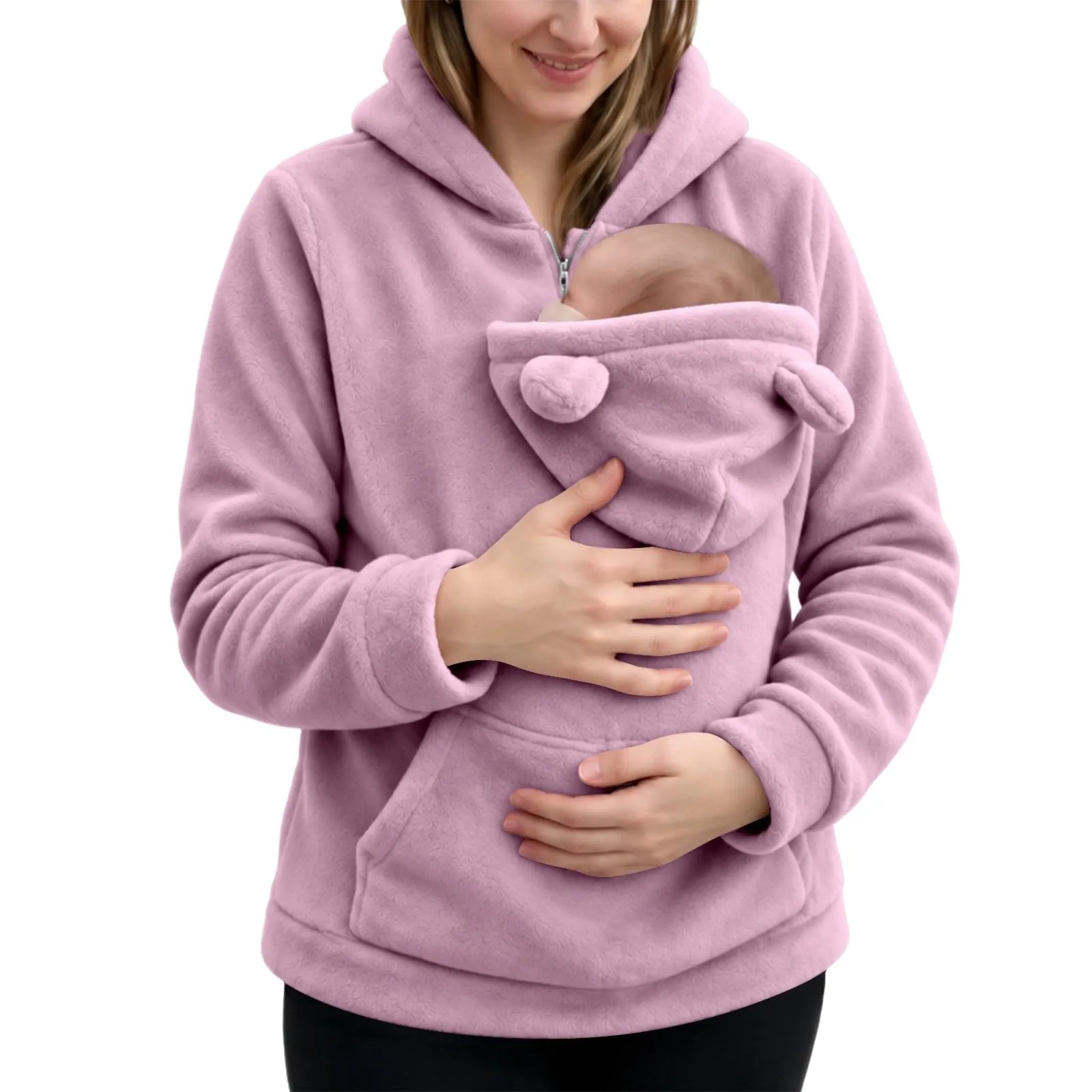 Generico Felpa Premaman Donna con Marsupio Porta Neonato e Cappuccio - immagine 2