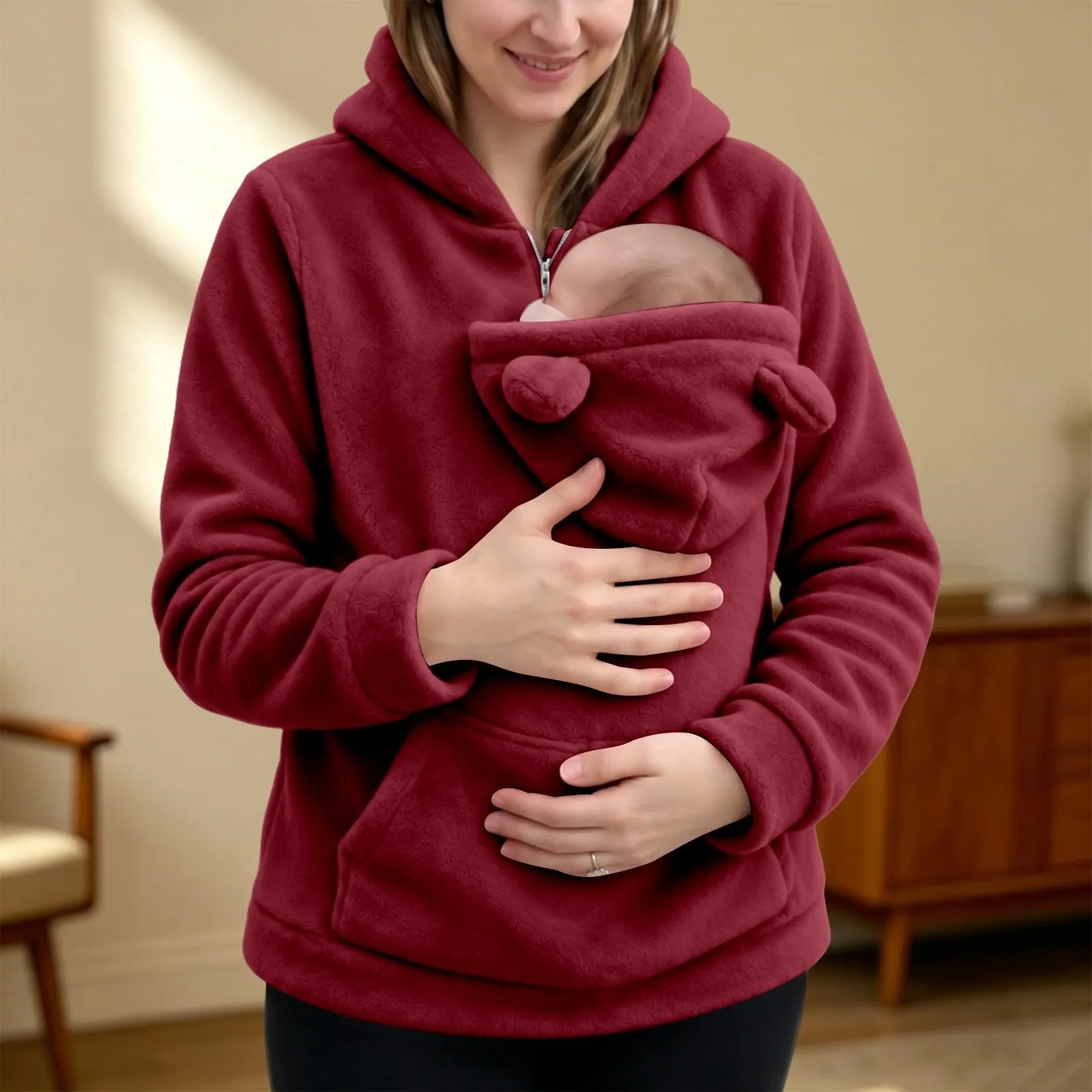 Generico Felpa Premaman Donna con Marsupio Porta Neonato e Cappuccio - immagine 3