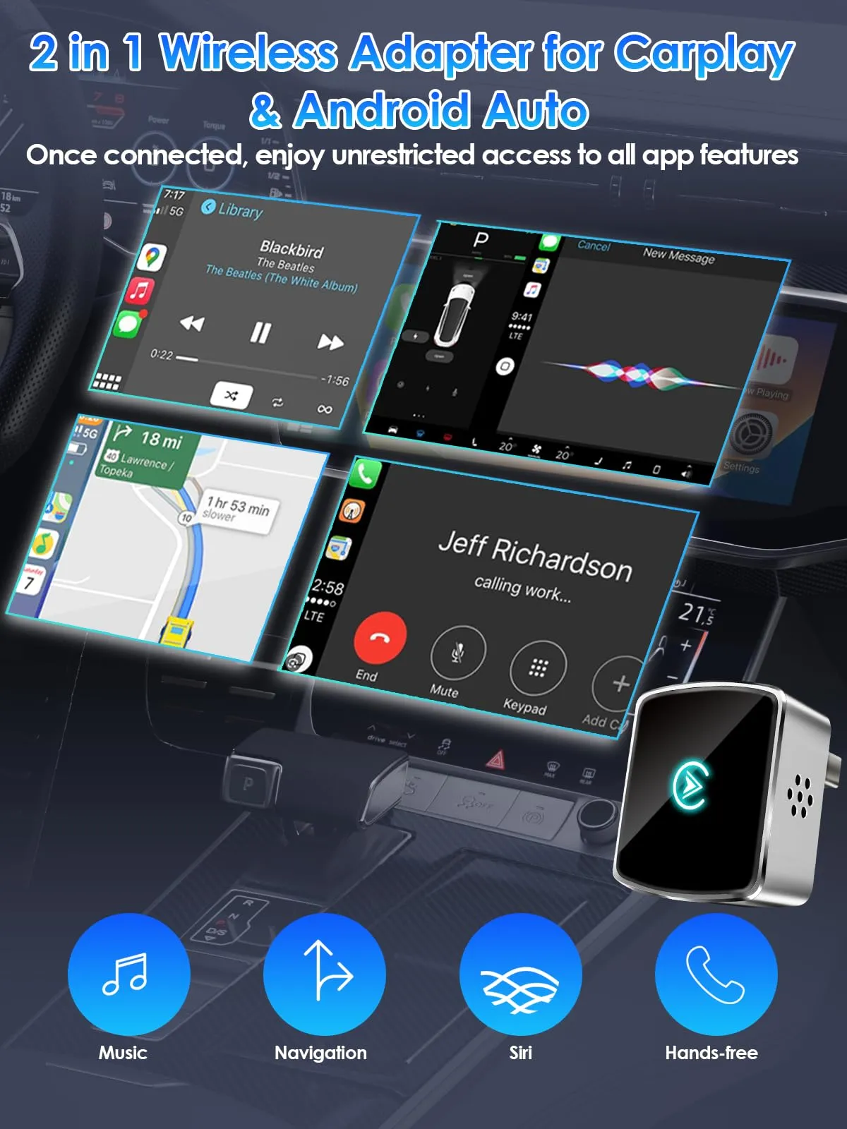 PARPAT Adattatore Wireless CarPlay e Android Auto USB/Type-C iOS 10+ Android 11+ - immagine 2
