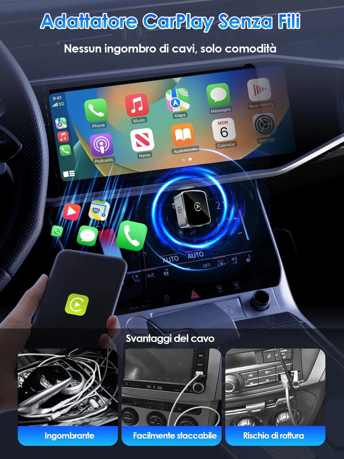 PARPAT Adattatore Wireless CarPlay e Android Auto USB/Type-C iOS 10+ Android 11+ - immagine 3