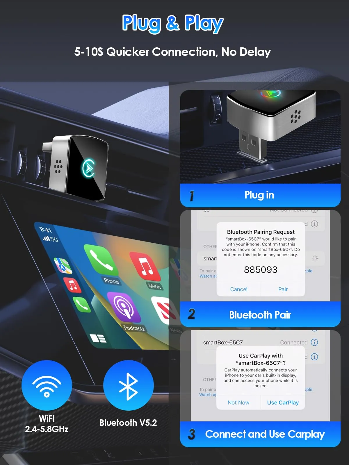PARPAT Adattatore Wireless CarPlay e Android Auto USB/Type-C iOS 10+ Android 11+ - immagine 4