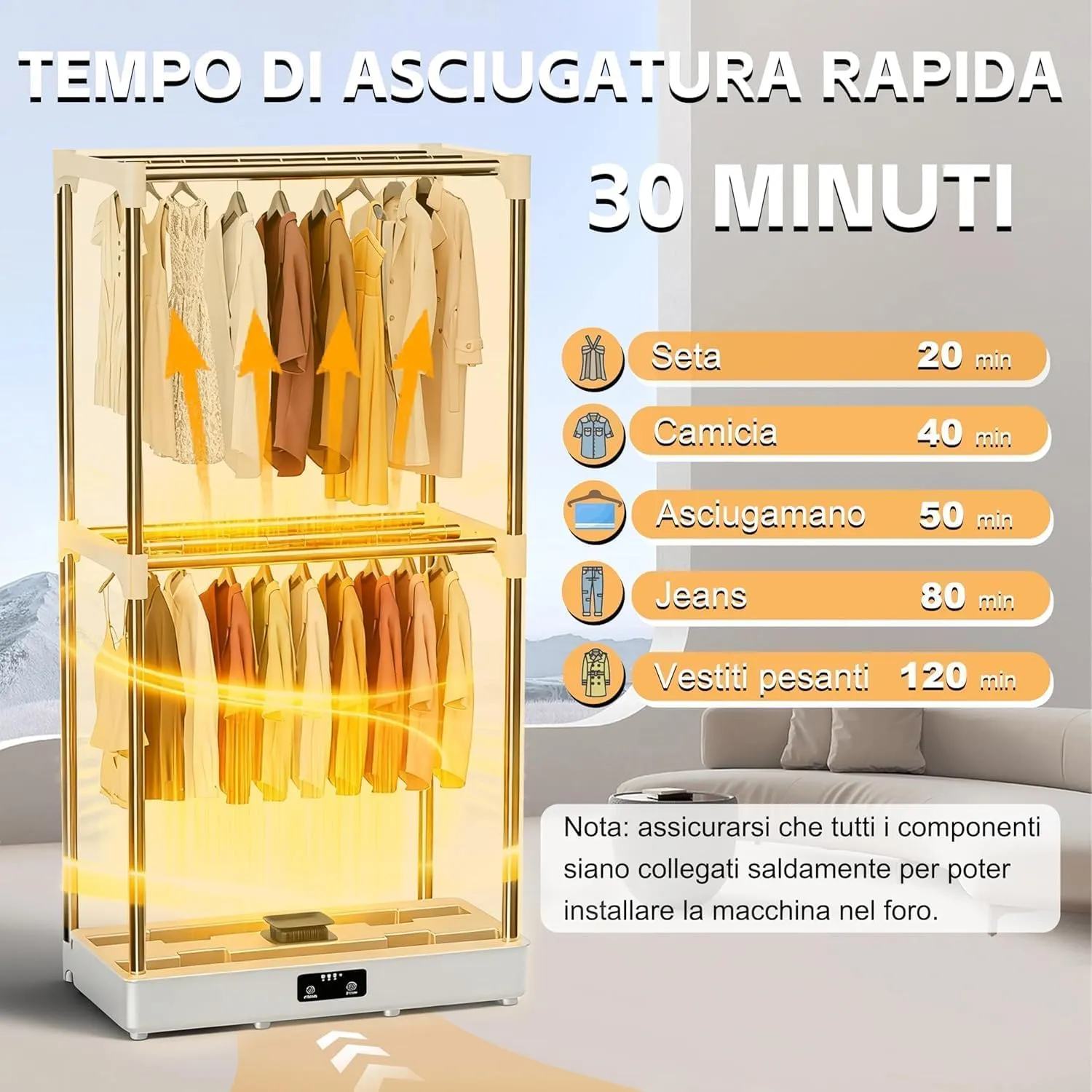 Kiseely Asciugabiancheria Elettrico Portatile Pieghevole con Timer, 1500W, Grigio DE8 - immagine 2