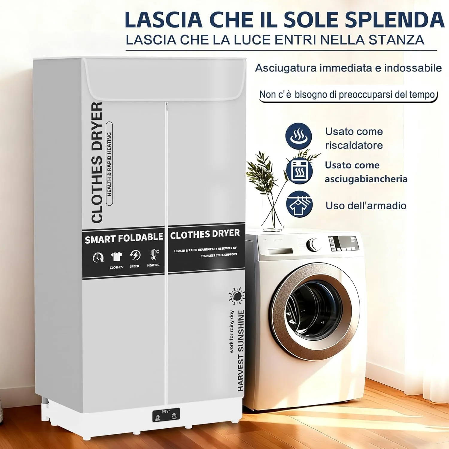 Kiseely Asciugabiancheria Elettrico Portatile Pieghevole con Timer, 1500W, Grigio DE8 - immagine 3