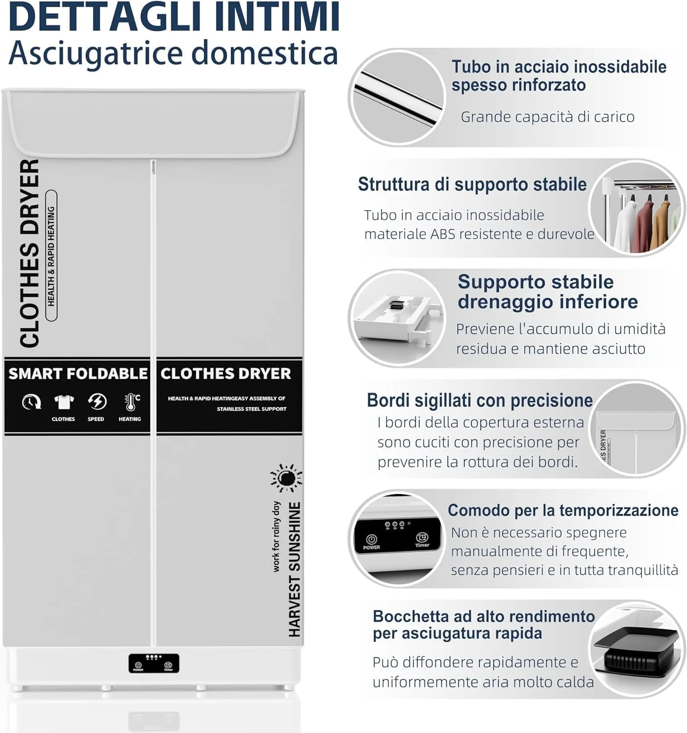 Kiseely Asciugabiancheria Elettrico Portatile Pieghevole con Timer, 1500W, Grigio DE8 - immagine 4
