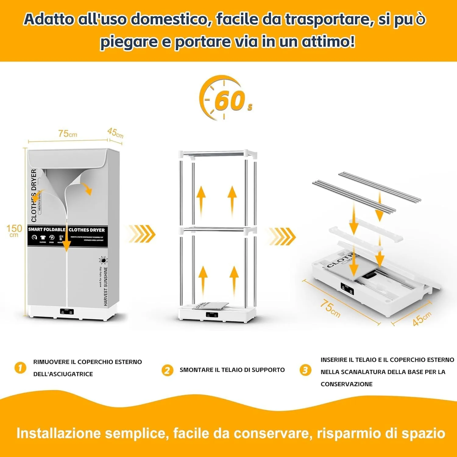 Kiseely Asciugabiancheria Elettrico Portatile Pieghevole con Timer, 1500W, Grigio DE8 - immagine 6