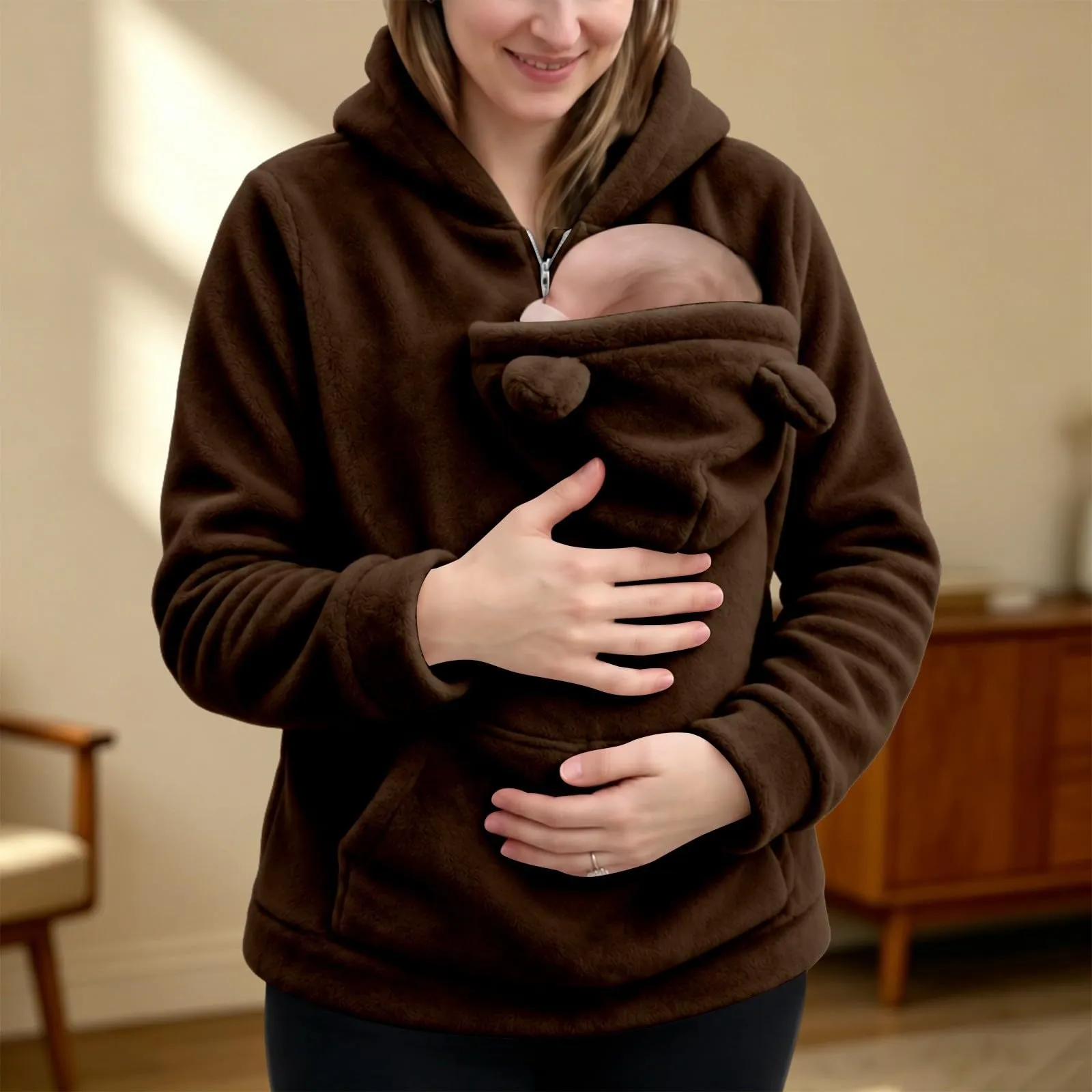 Generico Felpa Premaman Donna con Marsupio Porta Neonato e Cappuccio - immagine 3