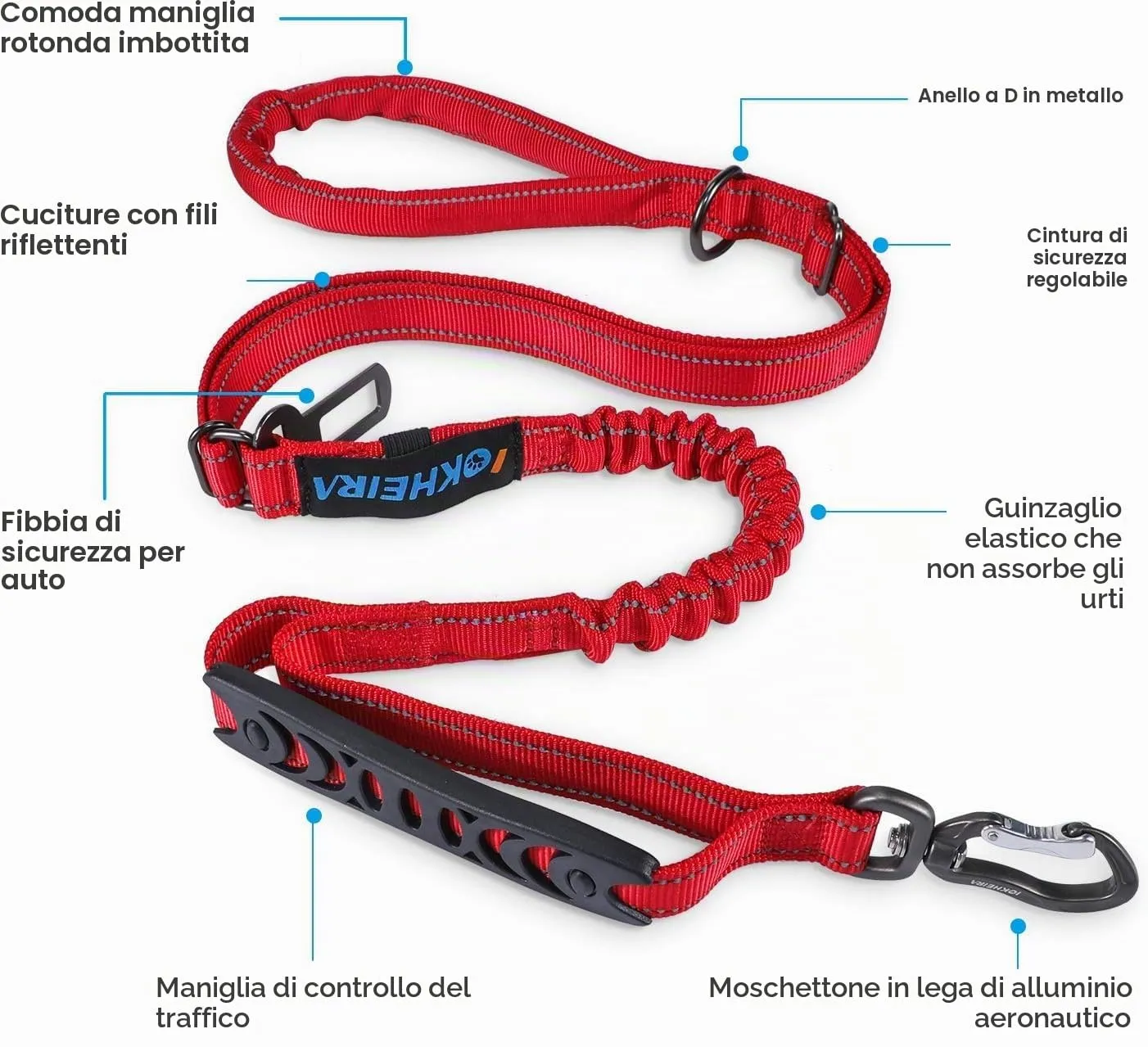 Iokheira Guinzaglio per cani regolabile (1,2-1,5 m) con cintura di sicurezza, manico imbottito e fili riflettenti - immagine 2