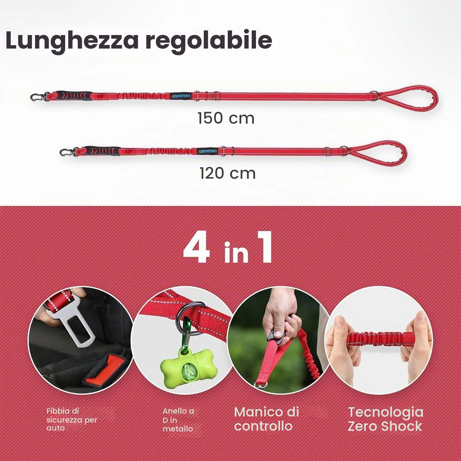 Iokheira Guinzaglio per cani regolabile (1,2-1,5 m) con cintura di sicurezza, manico imbottito e fili riflettenti - immagine 5