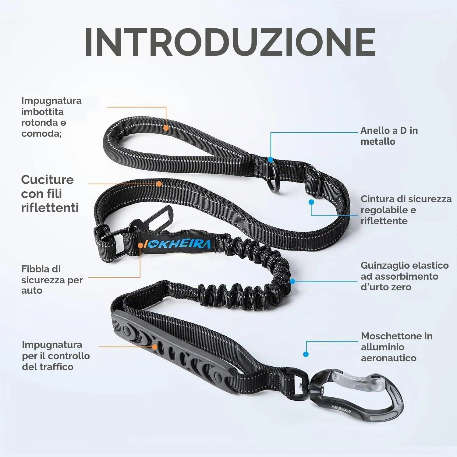 Iokheira Guinzaglio per Cani Regolabile (1,2-1,5 m) con Cintura di Sicurezza, Manico Imbottito e Fili Riflettenti - immagine 2
