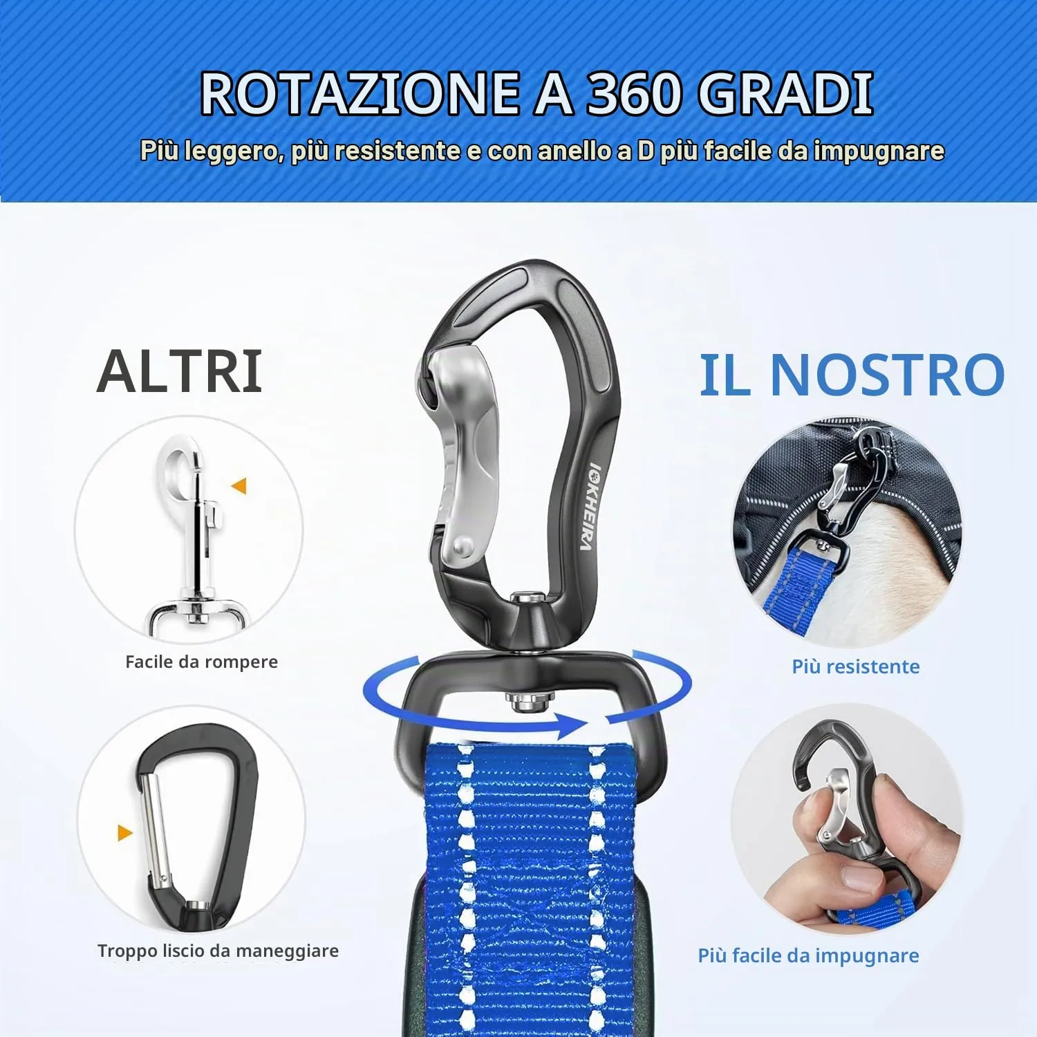 Iokheira Guinzaglio per cani regolabile 1,2-1,5 m con cintura di sicurezza, manico imbottito e fili riflettenti - immagine 3