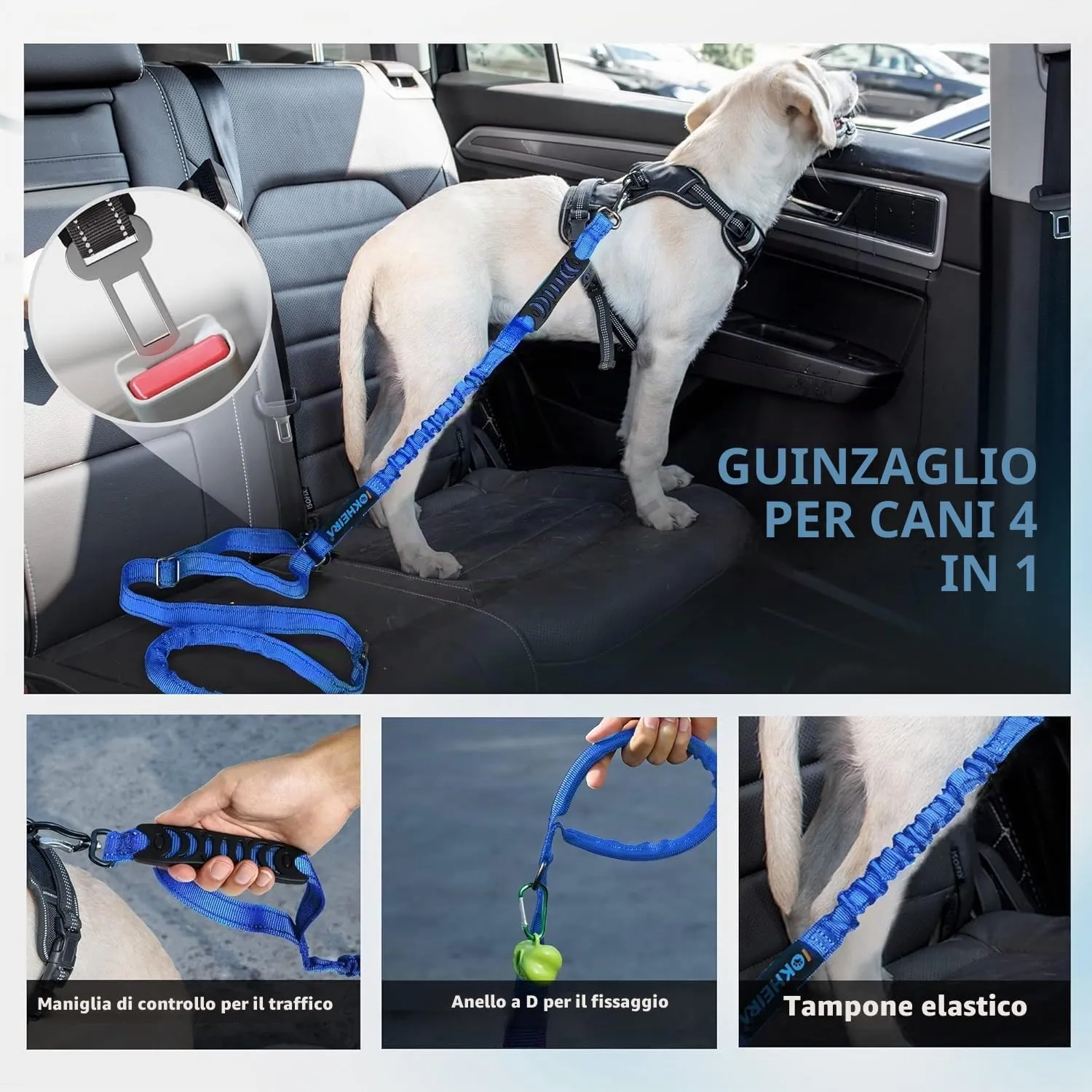 Iokheira Guinzaglio per cani regolabile 1,2-1,5 m con cintura di sicurezza, manico imbottito e fili riflettenti - immagine 5