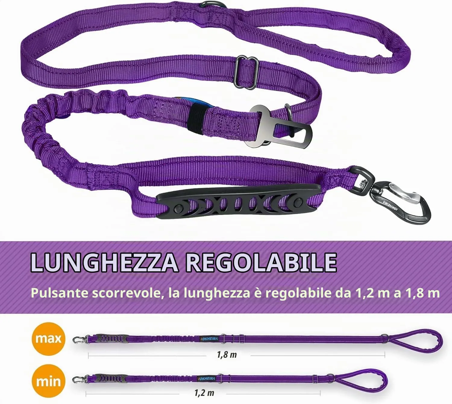 Iokheira Guinzaglio per cani regolabile (1,2-1,5 m) con cintura di sicurezza, manico imbottito e fili riflettenti - immagine 3