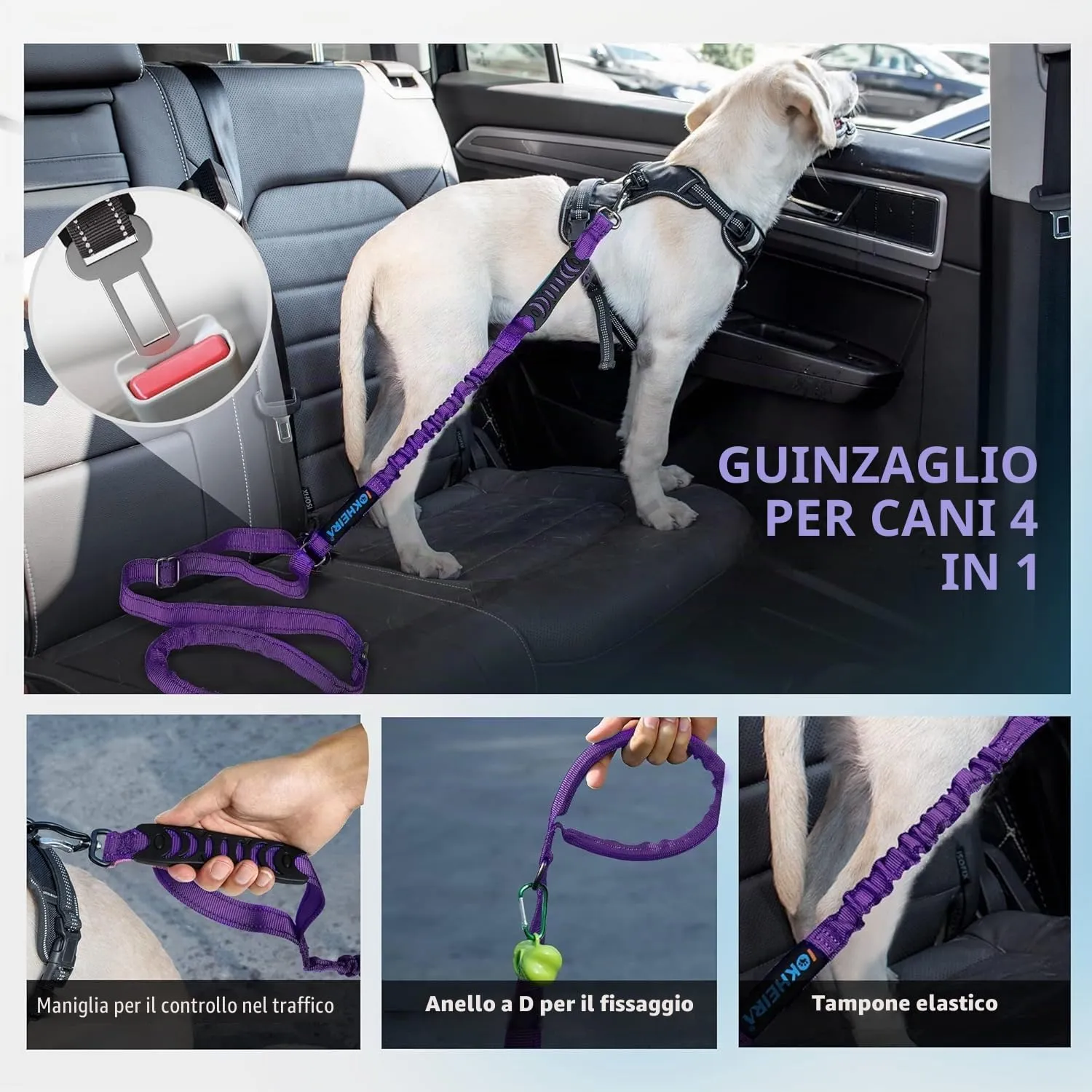 Iokheira Guinzaglio per cani regolabile (1,2-1,5 m) con cintura di sicurezza, manico imbottito e fili riflettenti - immagine 5