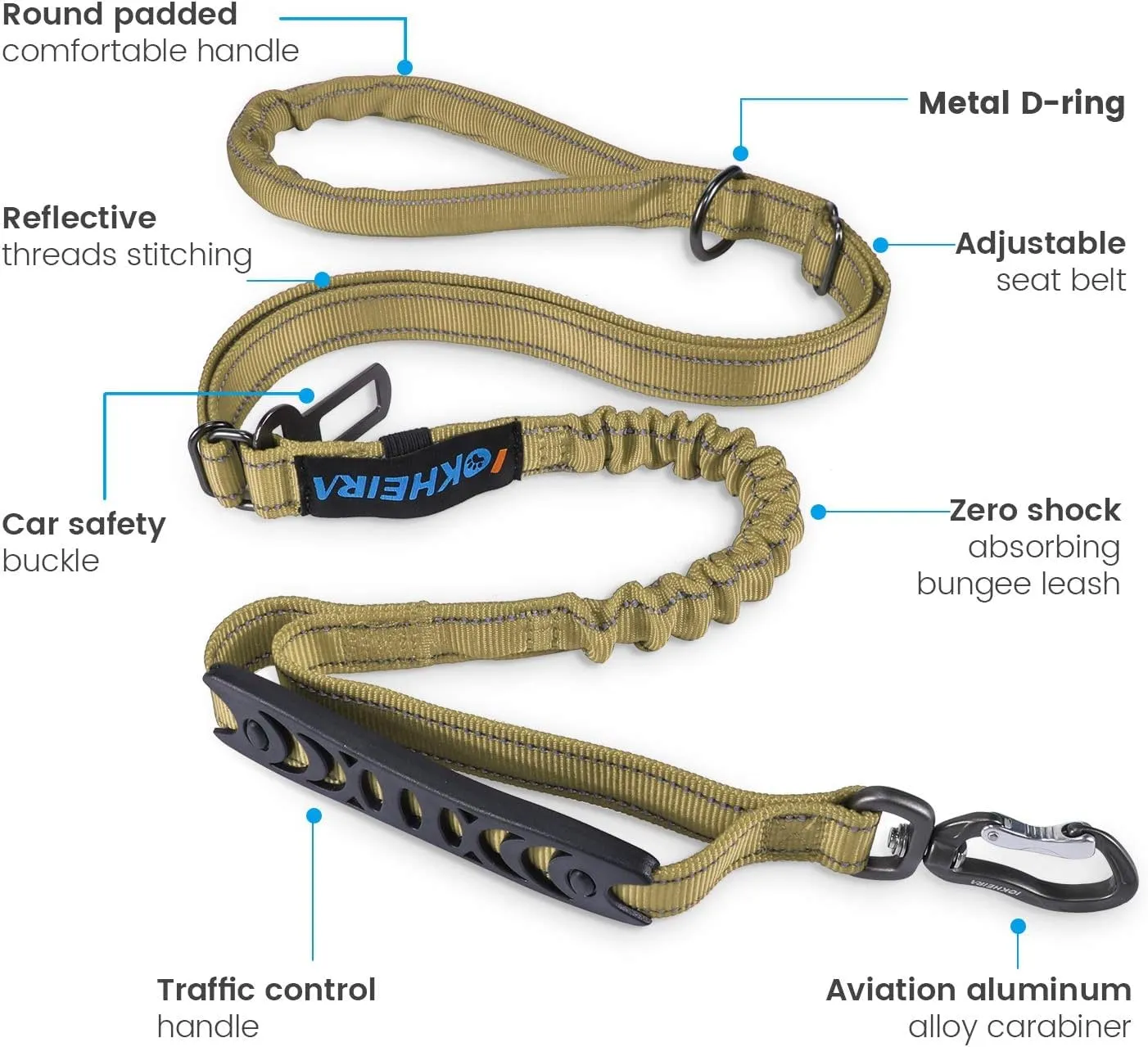 Iokheira Guinzaglio per cani regolabile (1,2-1,5 m) con cintura di sicurezza, manico imbottito e fili riflettenti - immagine 2