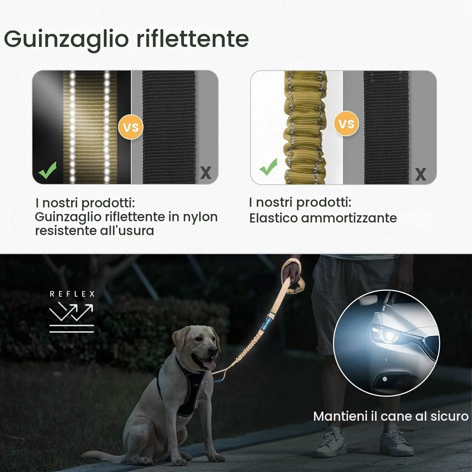 Iokheira Guinzaglio per cani regolabile (1,2-1,5 m) con cintura di sicurezza, manico imbottito e fili riflettenti - immagine 4