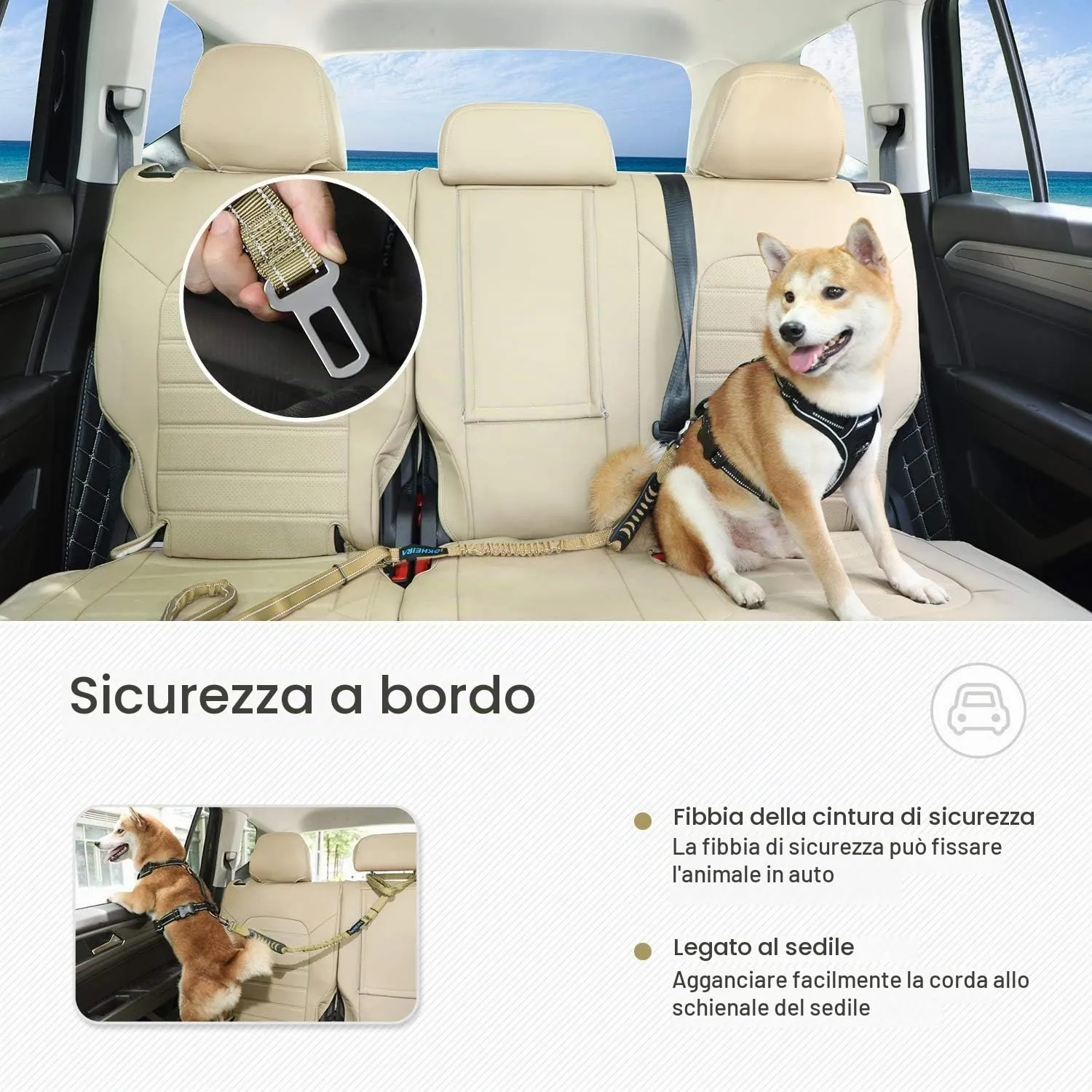 Iokheira Guinzaglio per cani regolabile (1,2-1,5 m) con cintura di sicurezza, manico imbottito e fili riflettenti - immagine 5