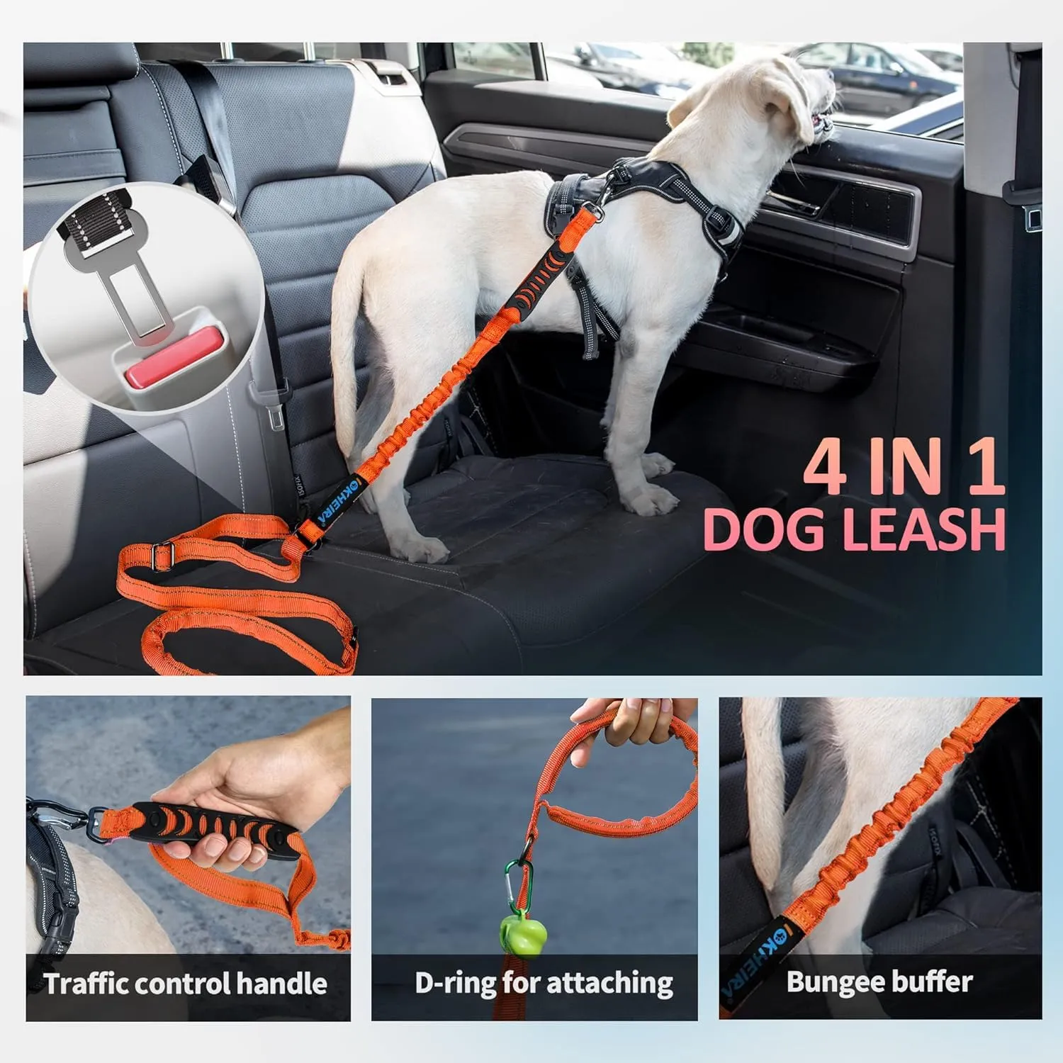 Iokheira Guinzaglio per cani regolabile (1,2-1,5 m) con cintura di sicurezza, manico imbottito e fili riflettenti - immagine 5