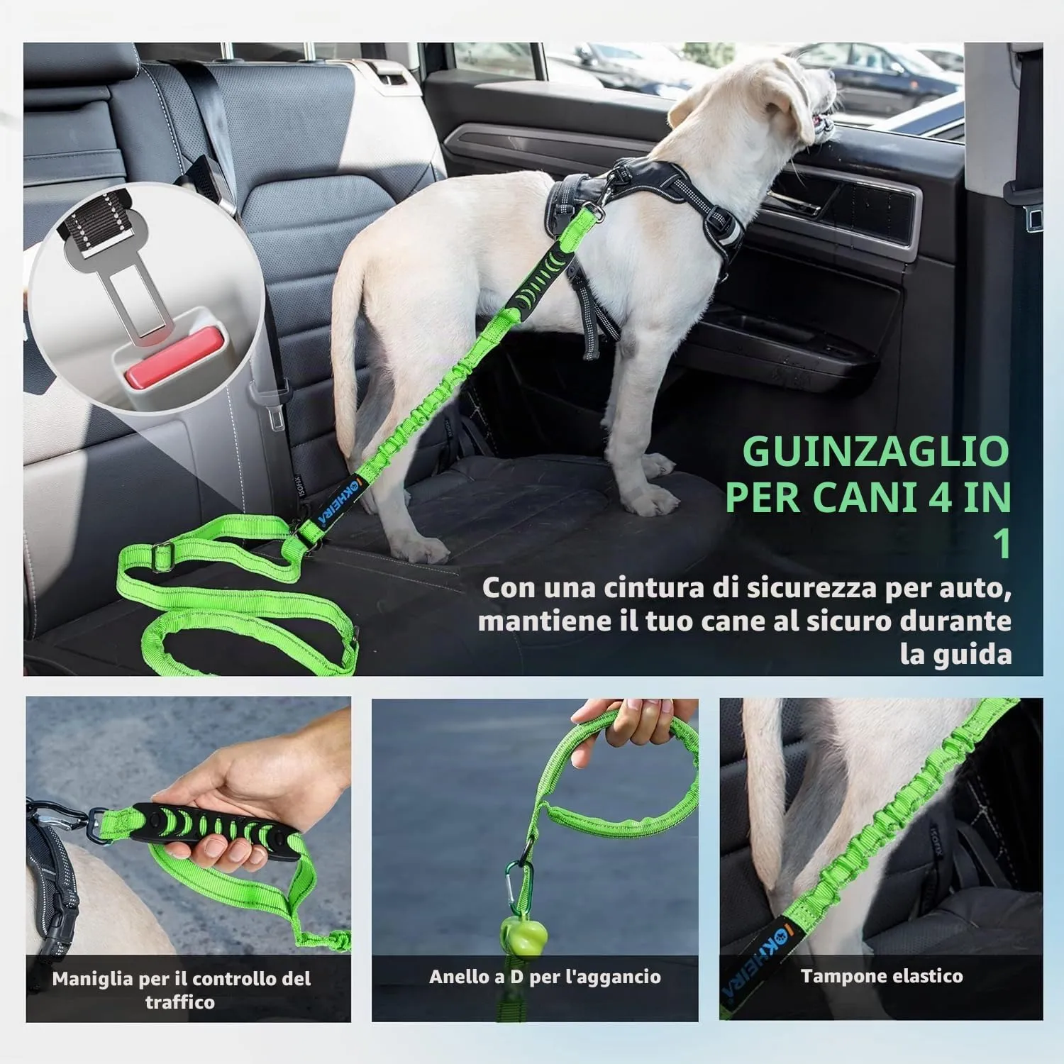Iokheira Guinzaglio per cani regolabile 1,2-1,5 m con cintura di sicurezza, manico imbottito e fili riflettenti - immagine 5