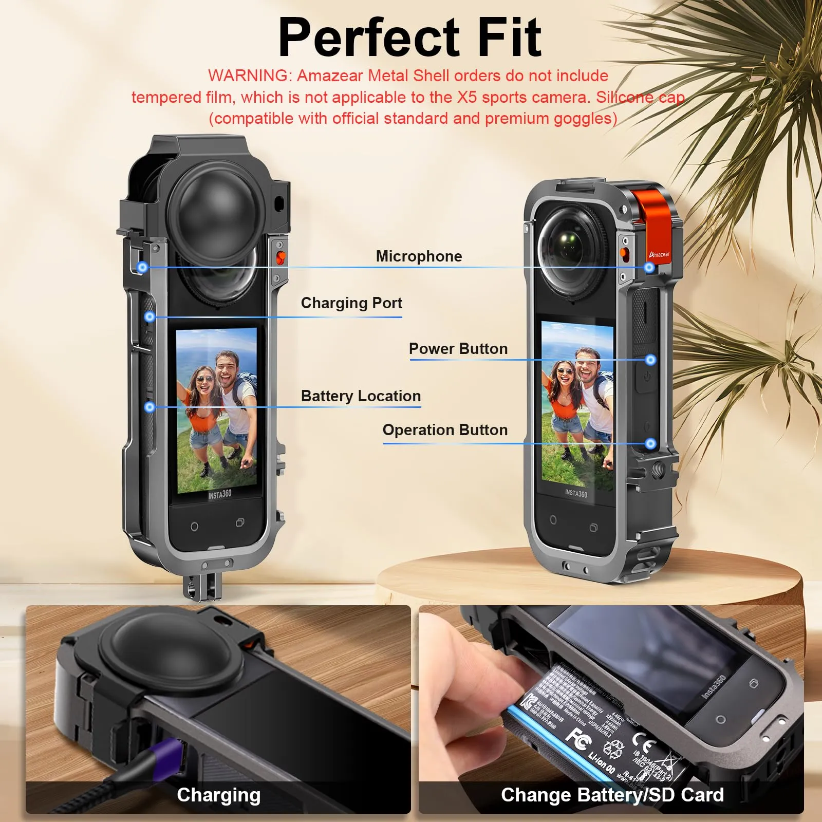 AMAZEAR Kit di Gabbia in Alluminio per Insta360 X4 con Custodia Multifunzione in Metallo e Tappi di Protezione per Obiettivo in Silicone - immagine 2
