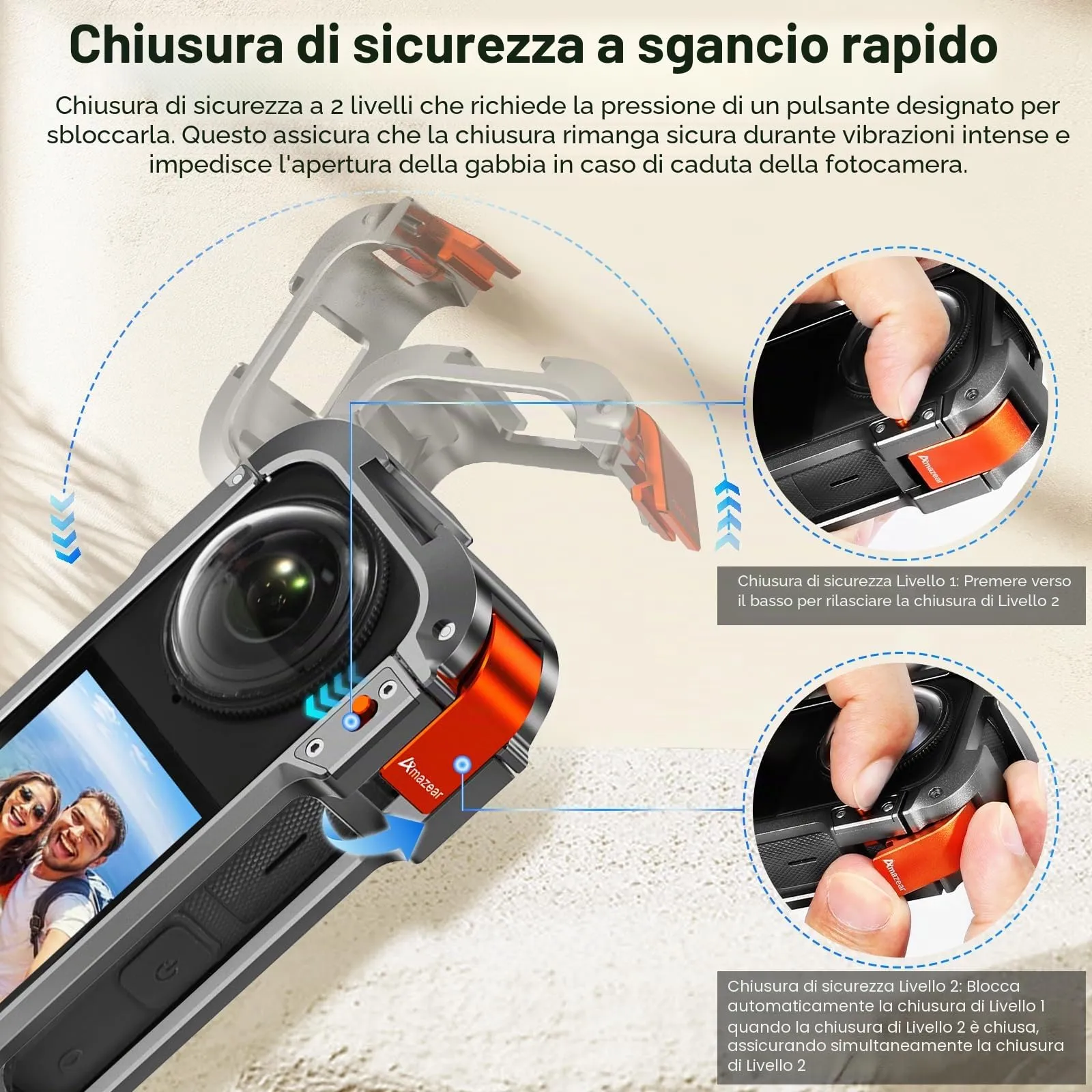 AMAZEAR Kit di Gabbia in Alluminio per Insta360 X4 con Custodia Multifunzione in Metallo e Tappi di Protezione per Obiettivo in Silicone - immagine 3