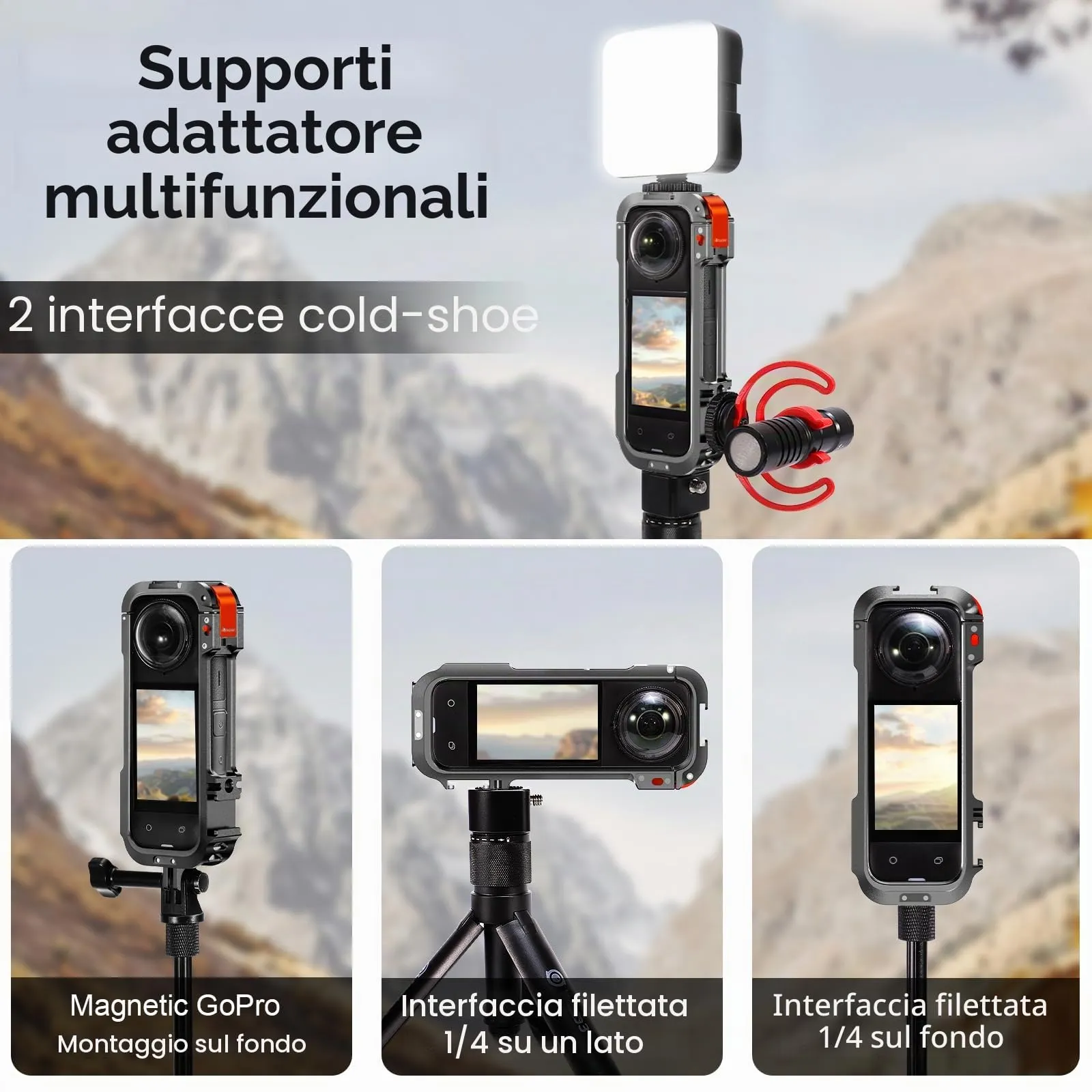 AMAZEAR Kit di Gabbia in Alluminio per Insta360 X4 con Custodia Multifunzione in Metallo e Tappi di Protezione per Obiettivo in Silicone - immagine 4