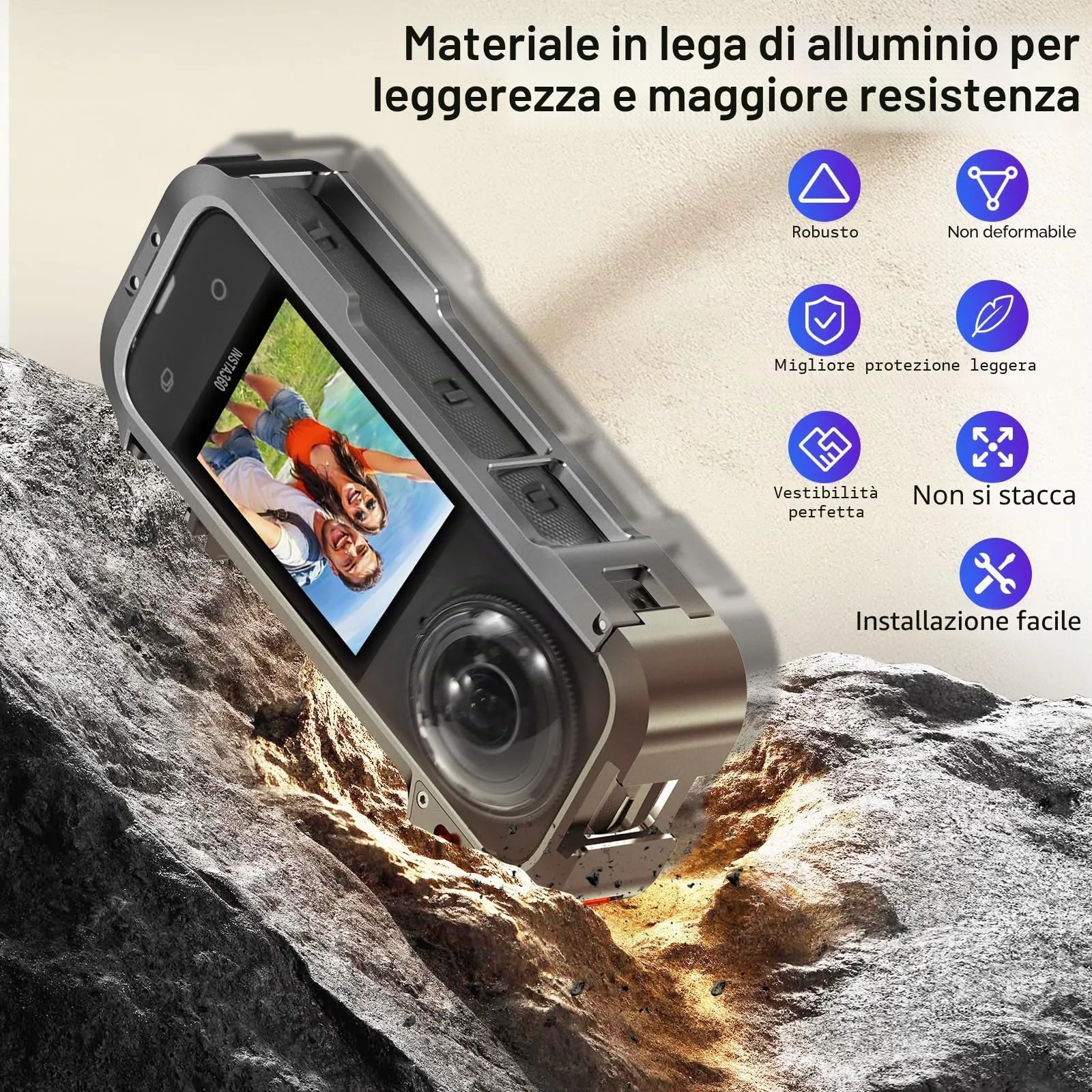 AMAZEAR Kit di Gabbia in Alluminio per Insta360 X4 con Custodia Multifunzione in Metallo e Tappi di Protezione per Obiettivo in Silicone - immagine 5