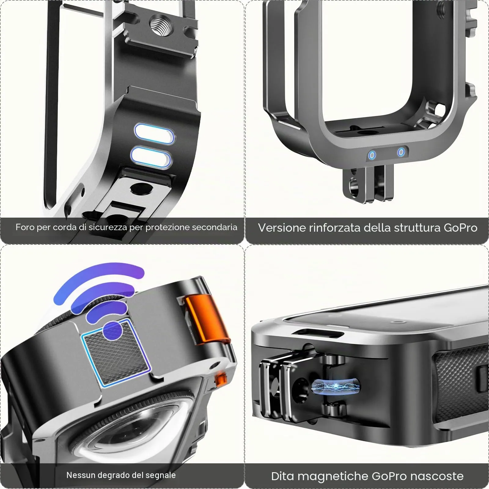 AMAZEAR Kit di Gabbia in Alluminio per Insta360 X4 con Custodia Multifunzione in Metallo e Tappi di Protezione per Obiettivo in Silicone - immagine 7
