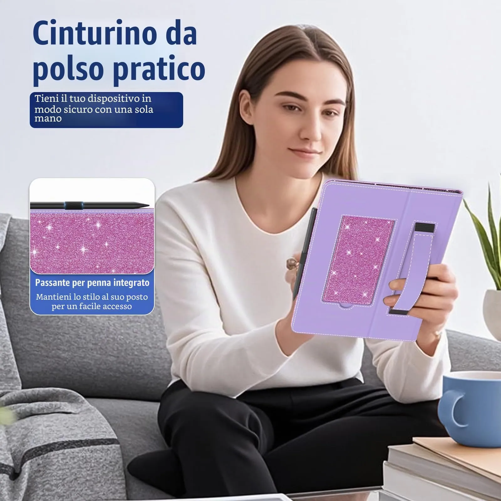 TiMOVO Custodia Universale per Tablet Android 10,1 Pollici, Glitter Viola, con Portapenne - immagine 3