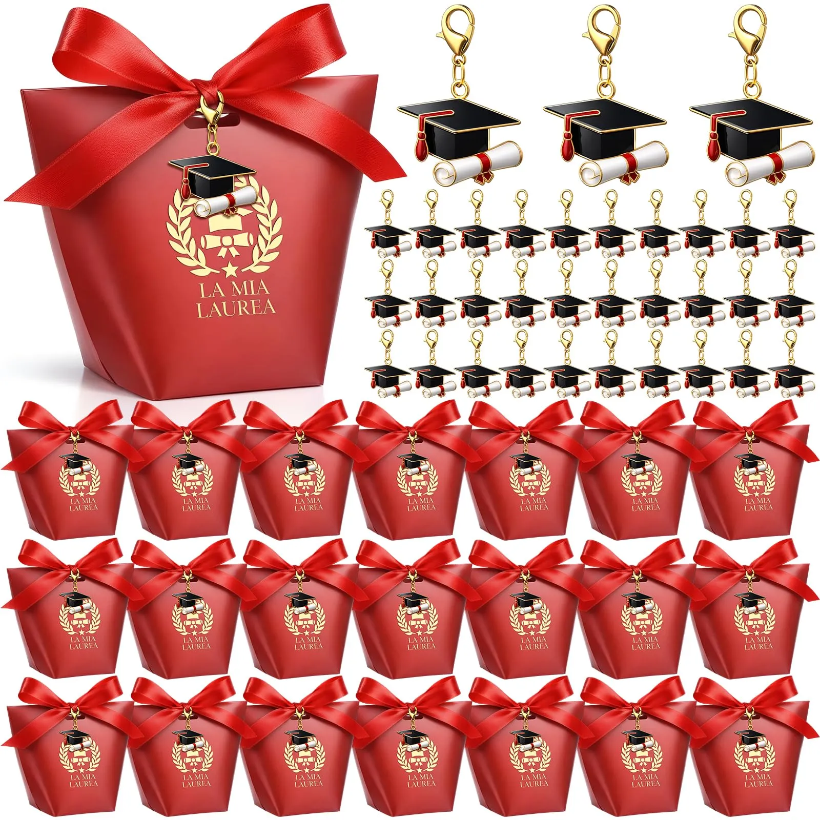 BBTO Set 50 Scatoline Portaconfetti Laurea con Portachiavi e Nastro Rosso - immagine 1