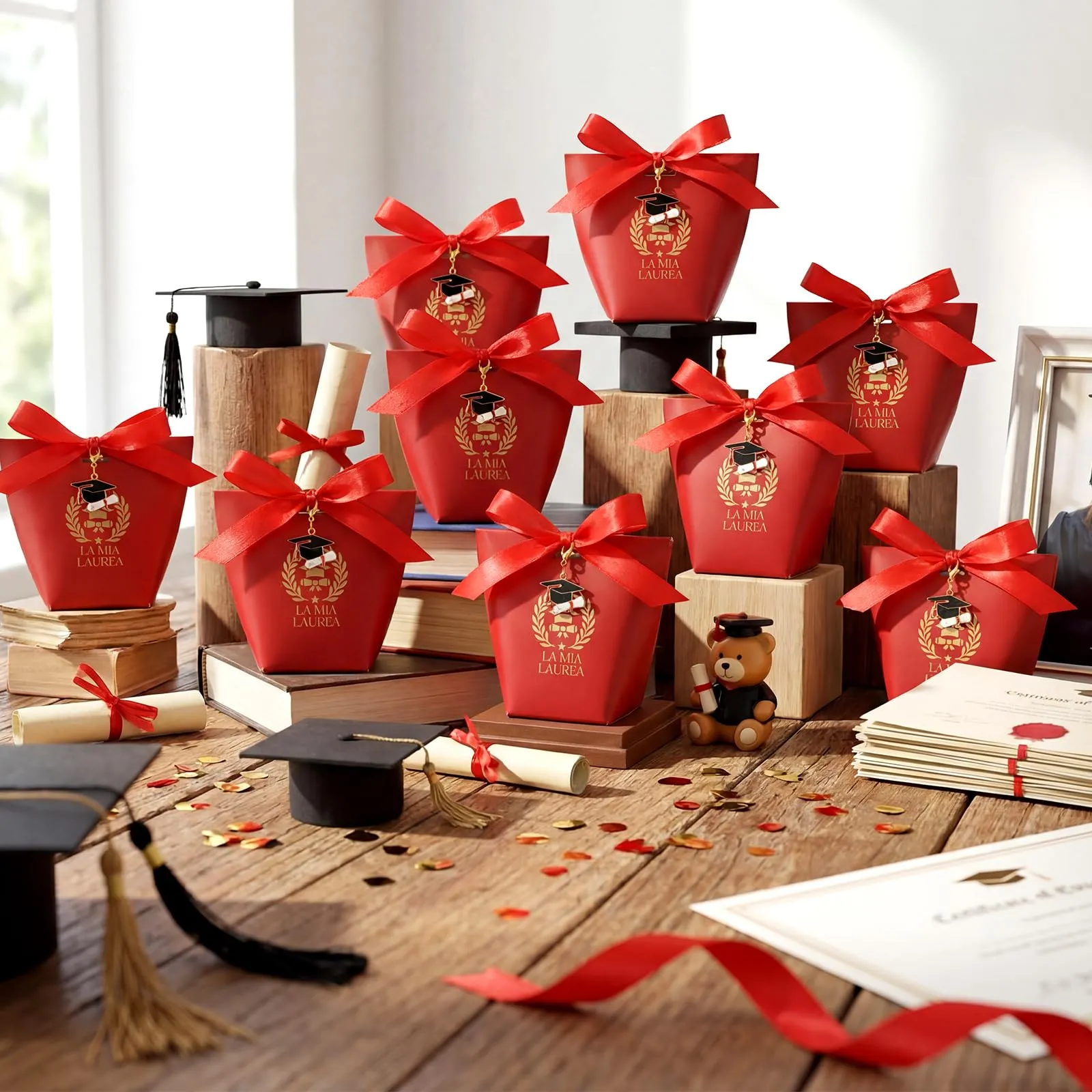 BBTO Set 50 Scatoline Portaconfetti Laurea con Portachiavi e Nastro Rosso - immagine 2