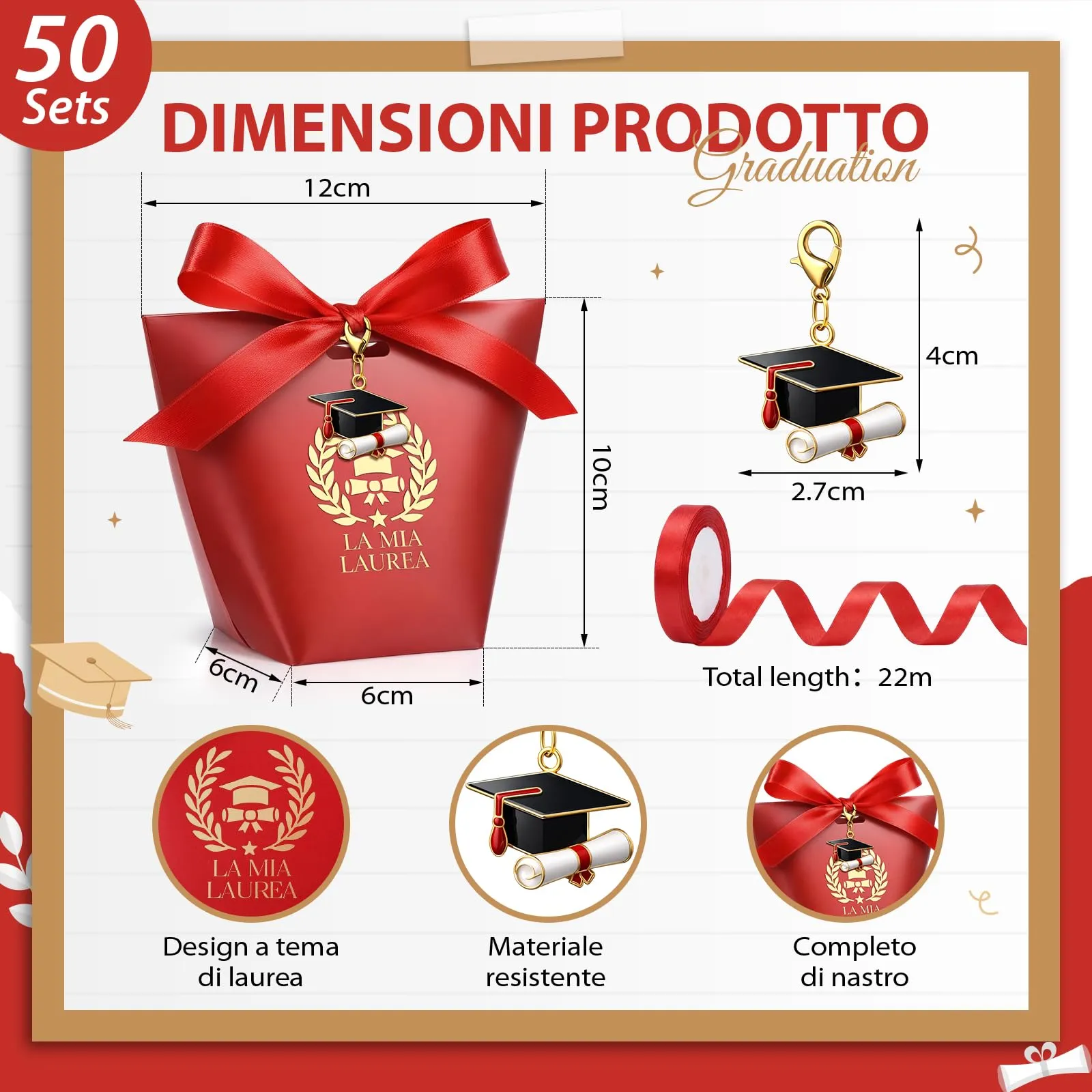 BBTO Set 50 Scatoline Portaconfetti Laurea con Portachiavi e Nastro Rosso - immagine 3