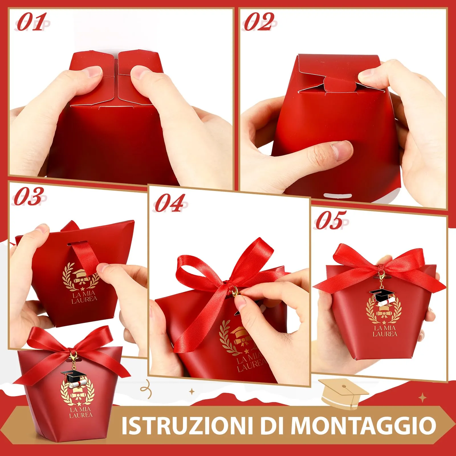 BBTO Set 50 Scatoline Portaconfetti Laurea con Portachiavi e Nastro Rosso - immagine 4