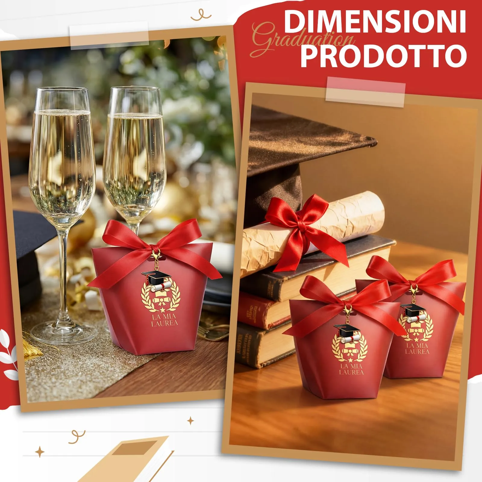 BBTO Set 50 Scatoline Portaconfetti Laurea con Portachiavi e Nastro Rosso - immagine 5