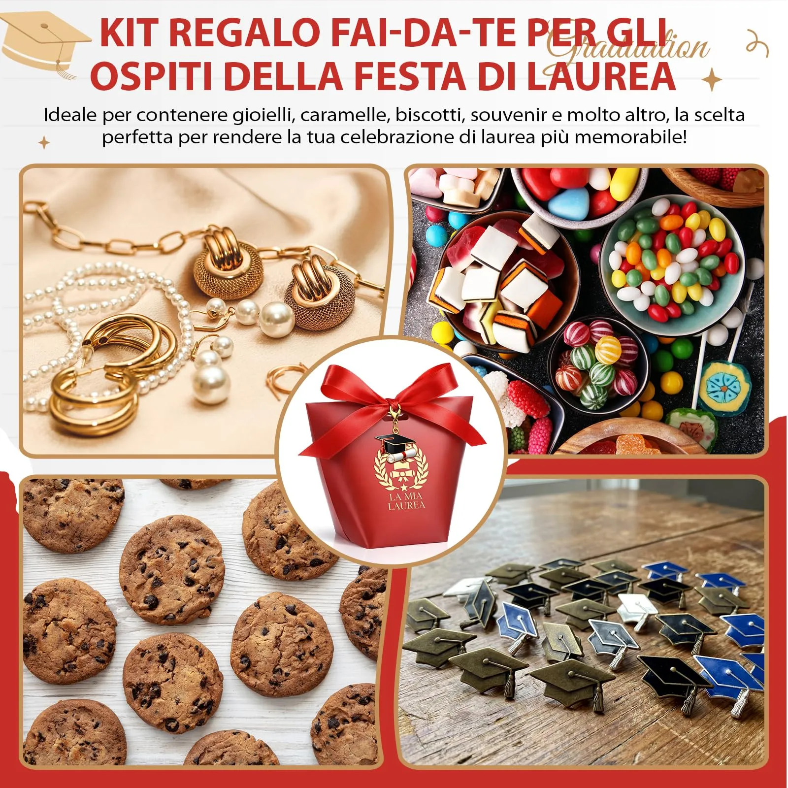 BBTO Set 50 Scatoline Portaconfetti Laurea con Portachiavi e Nastro Rosso - immagine 6