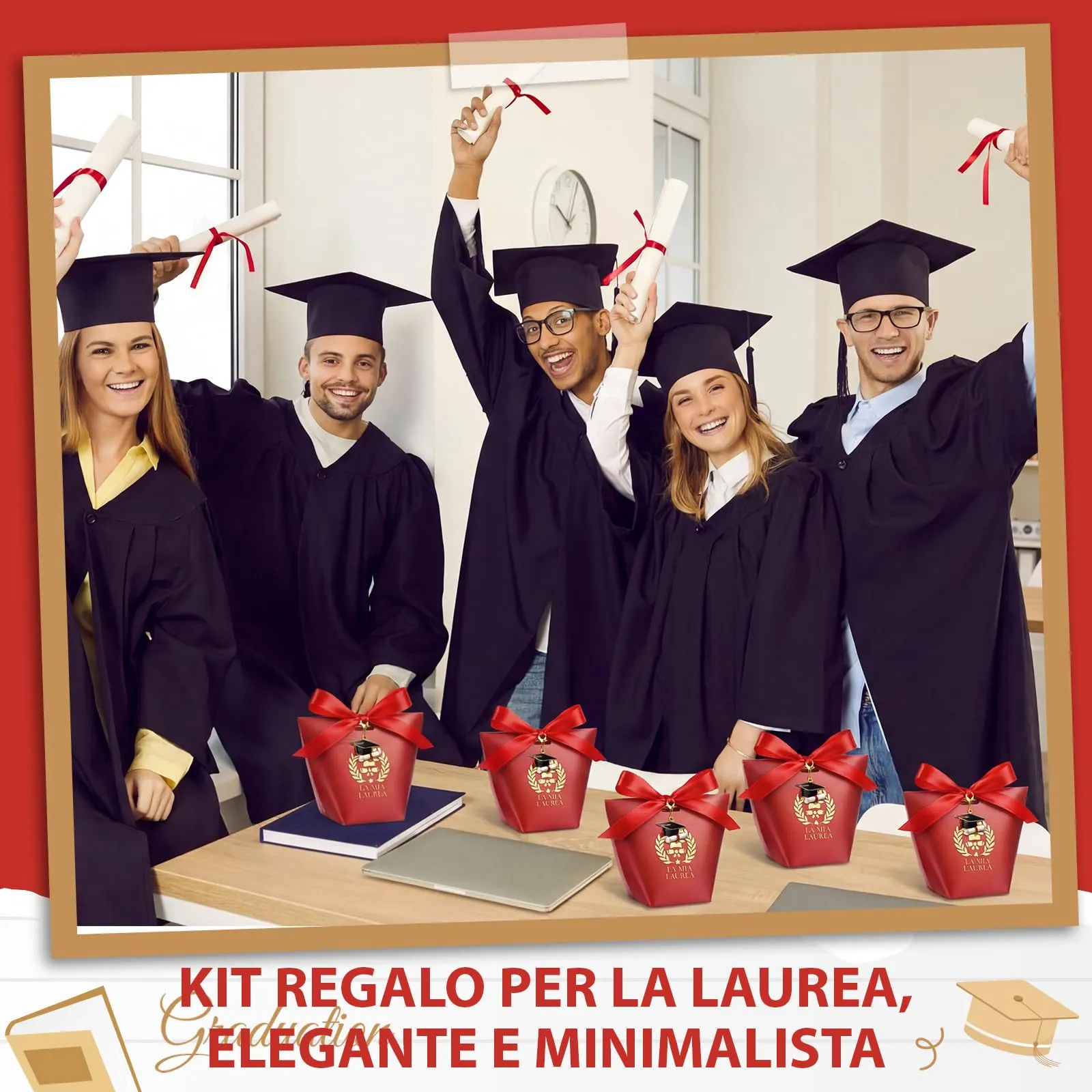 BBTO Set 50 Scatoline Portaconfetti Laurea con Portachiavi e Nastro Rosso - immagine 7